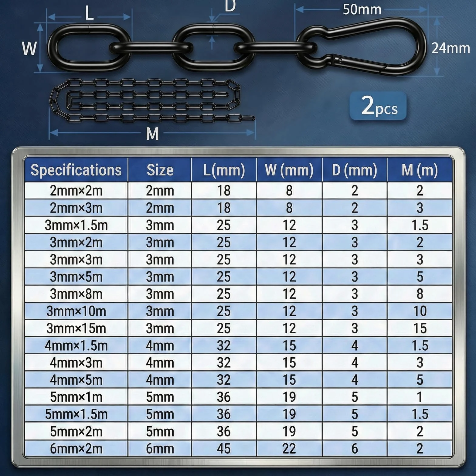 Gliederkette Meterware, 2M Kette Schwarz, 3 mm Stahlkette Metall, Rundstahlkette Kohlenstoffstahl Schwere mit Karabiner für Schaukelkette, Kette Hängesessel, Ankerkette, Wäscheleine