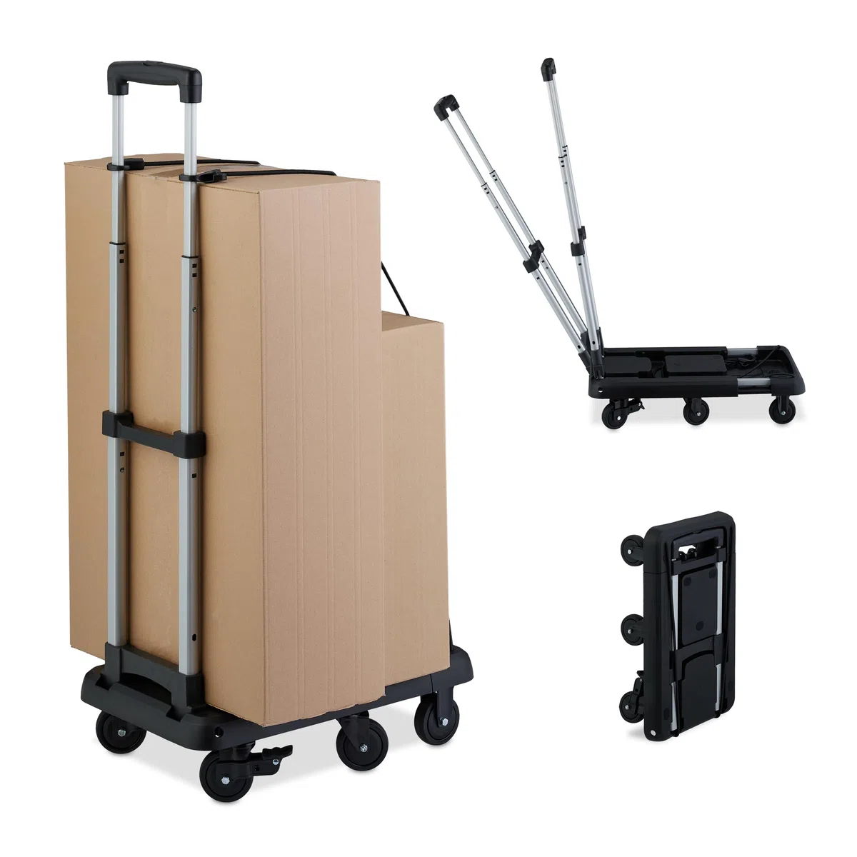 Relaxdays Transportwagen, klappbar, ausziehbar, Teleskopgriff, 4 Lenkrollen, 2 feststellbare Räder, bis 100 kg, schwarz
