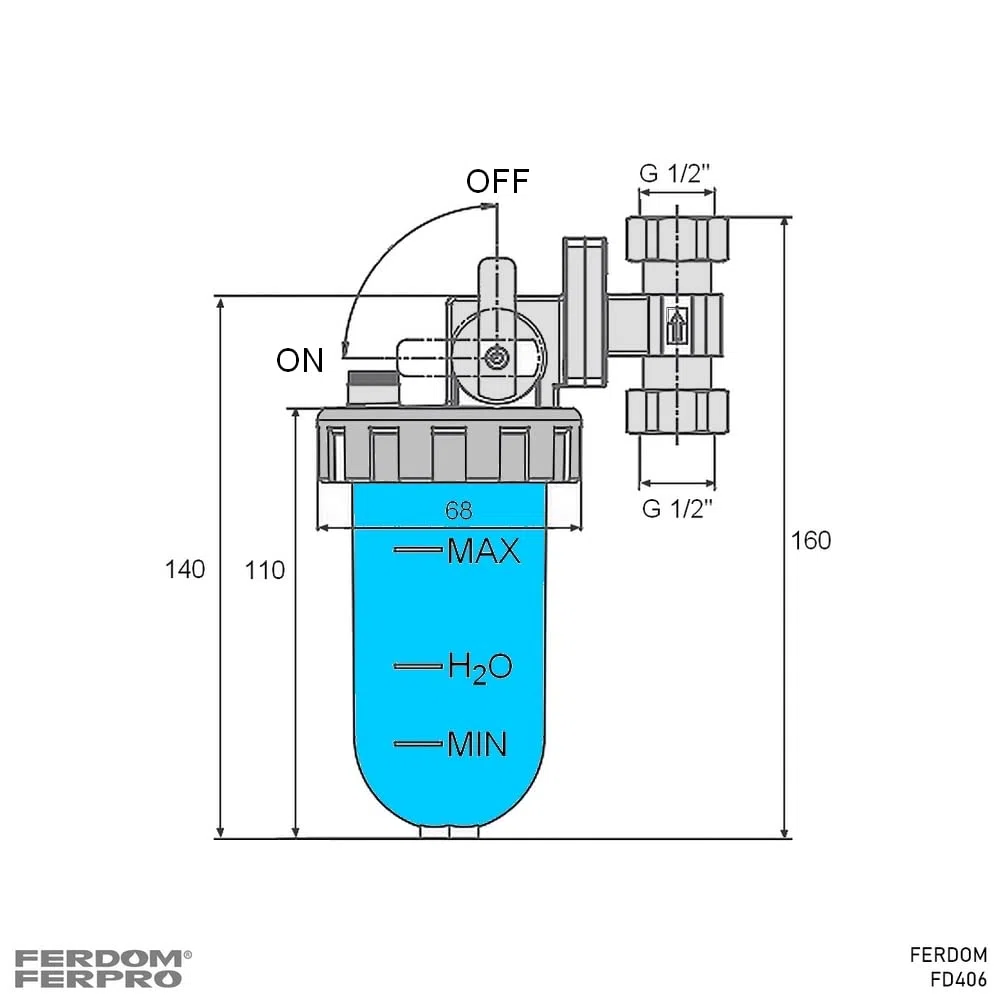 FERDOM Poliphosphatspender Feeder für Wassersysteme gegen Zunder und Korrosion. Ventil & Bypass, Messingkopf, blauer SAN-Behälter, 360 Grad 1/2 ”(DN15) Wasseranschluss. Mit Nachfüllung für 20m3 Wasser
