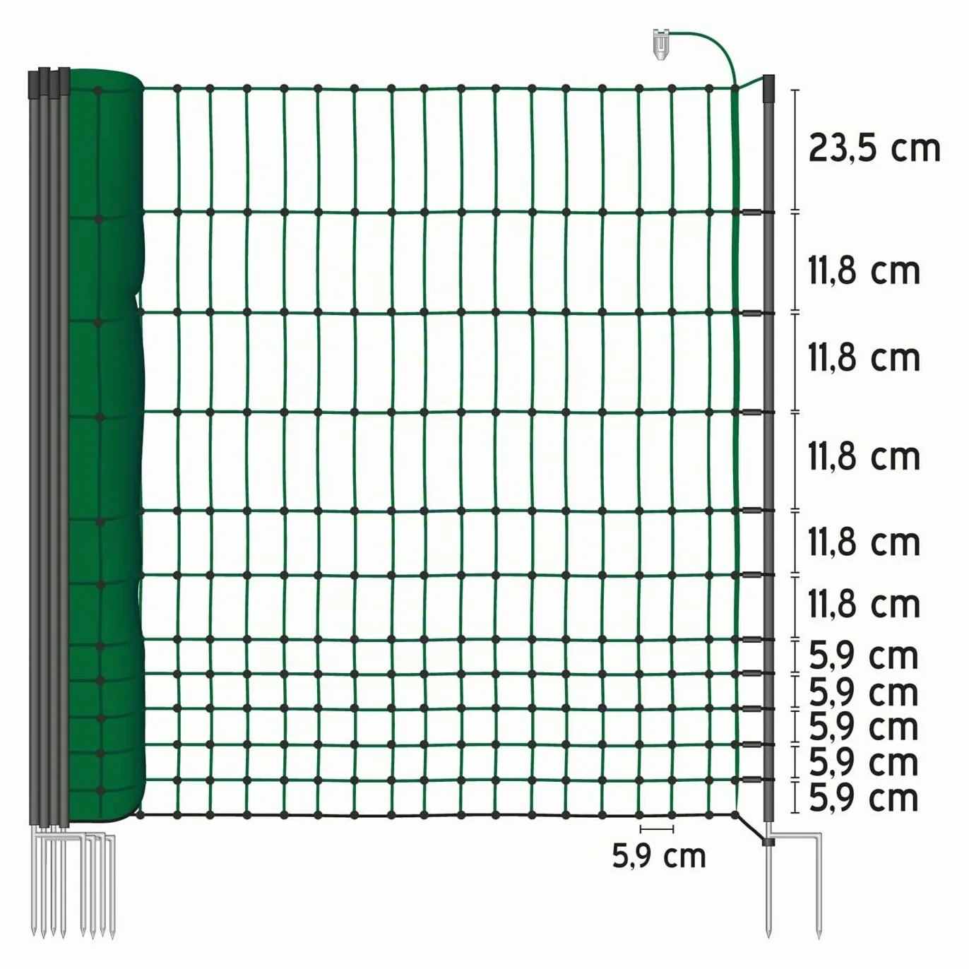 VOSS.farming 25 m Hundezaun, Katzenzaun, Hühnerzaun, Geflügelzaun, Geflügelnetz, 112 cm, 9 Pfähle, 2 Spitzen, grün Classic