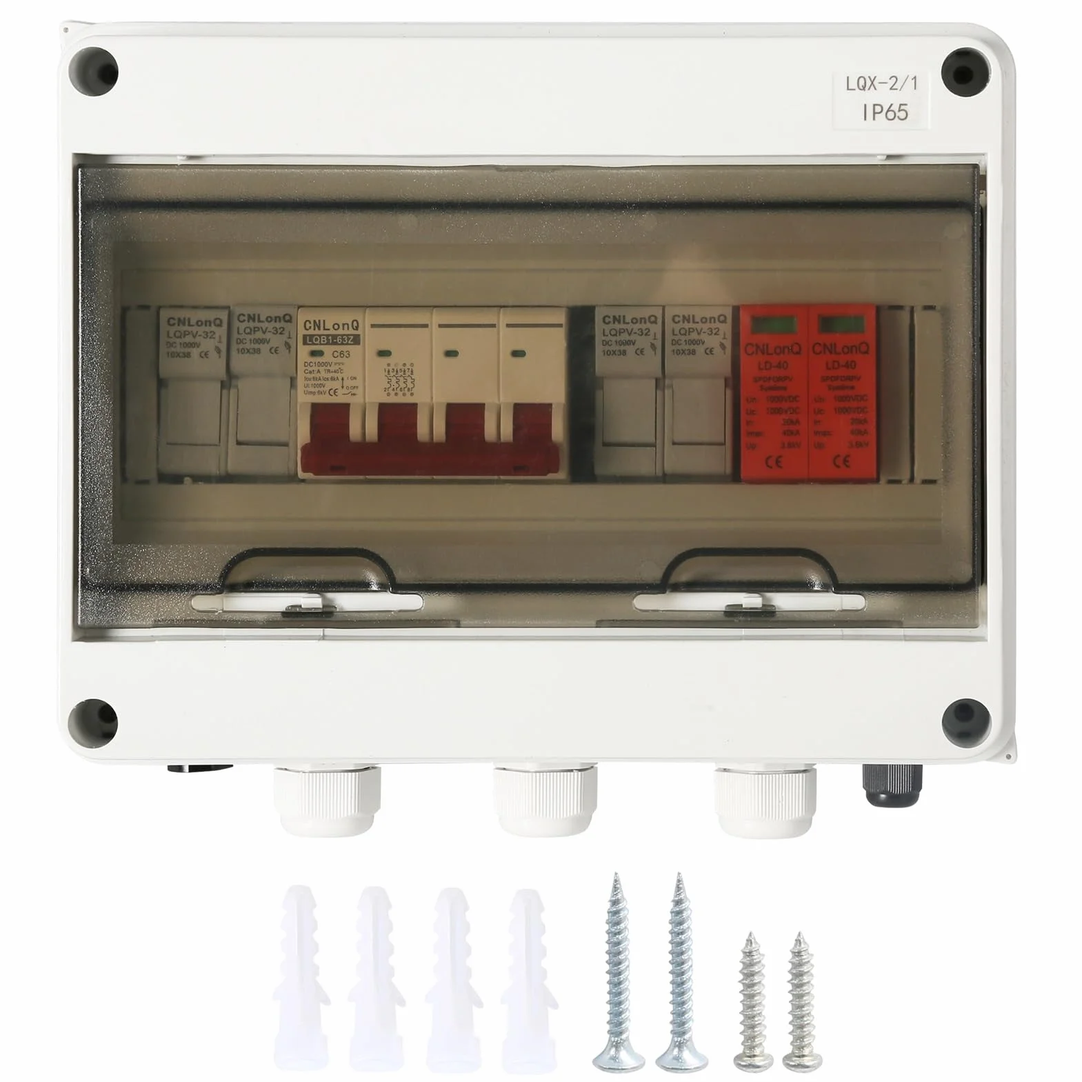 DEWIN Überspannungsschutz PV, Solar Anschlusskasten mit 63A DC Trennschalter 30A Sicherung Sicherungshalter 2 in 1 Out 2 String Outdoor IP65 Wasserdicht Blitzschutz für PV Anlage DC 1000V