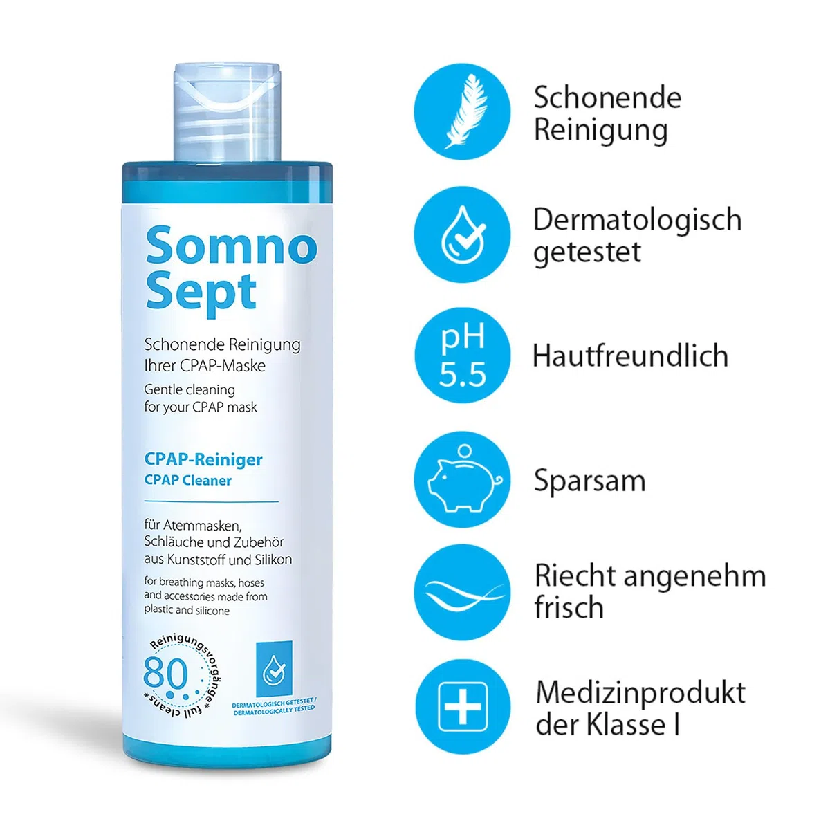 CPAP-Reinigungspaket SomnoSept – 3x CPAP-Reiniger SomnoSept 400 ml UND 1x oxyhero brush Edelstahl CPAP-Schlauchbürste 120 cm, 15 mm Durchmesser – Gründliche Reinigung von CPAP-Maske und CPAP-Schlauch