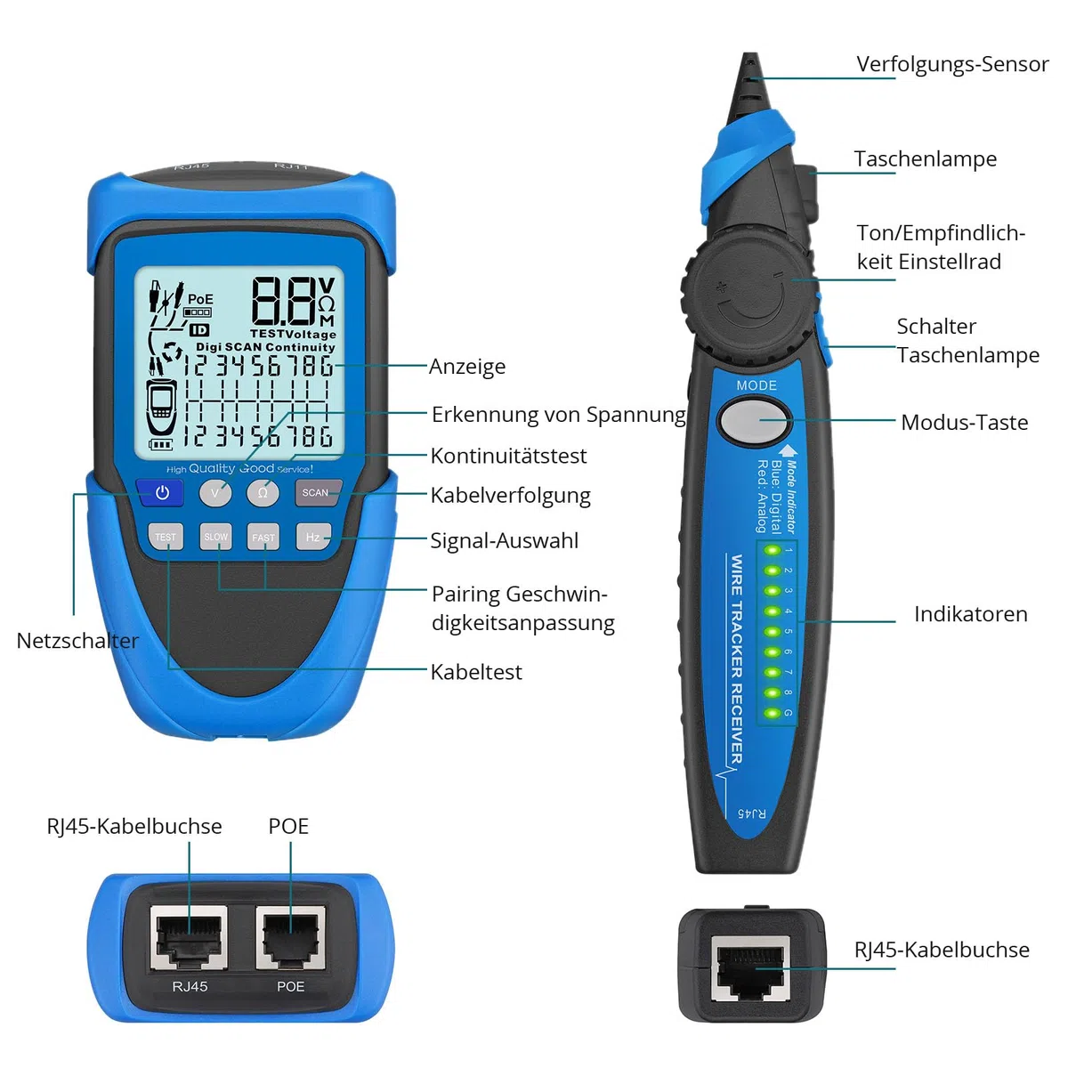 Netzwerk Kabeltester POE/RJ45 Tester, Multifunktions Netzwerktester mit LCD Display, Kabel CAT5/CAT5e/CAT6/Cat7/Cat8 Tracker, Leitungsfinder für Kurzschluss, Quer- & Unterbrechungsprüfung