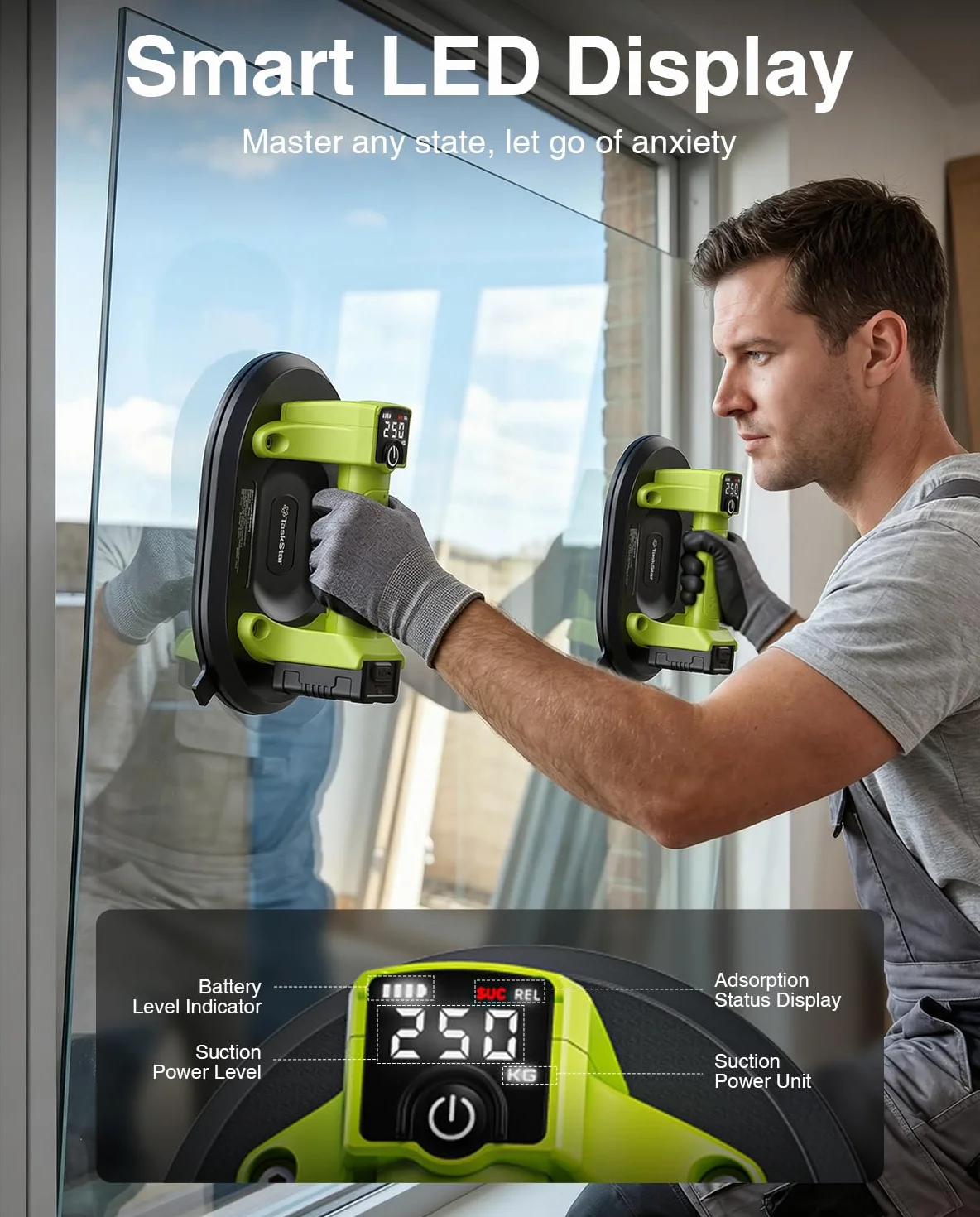 Taskstar Akku Saugheber für Fliesen, 25cm Elektrischer Vakuumheber mit 4x 3000mAh Akku, LCD-Anzeige, Plattenheber Vakuum Saugnäpfe für Glas, Terrassenplatten