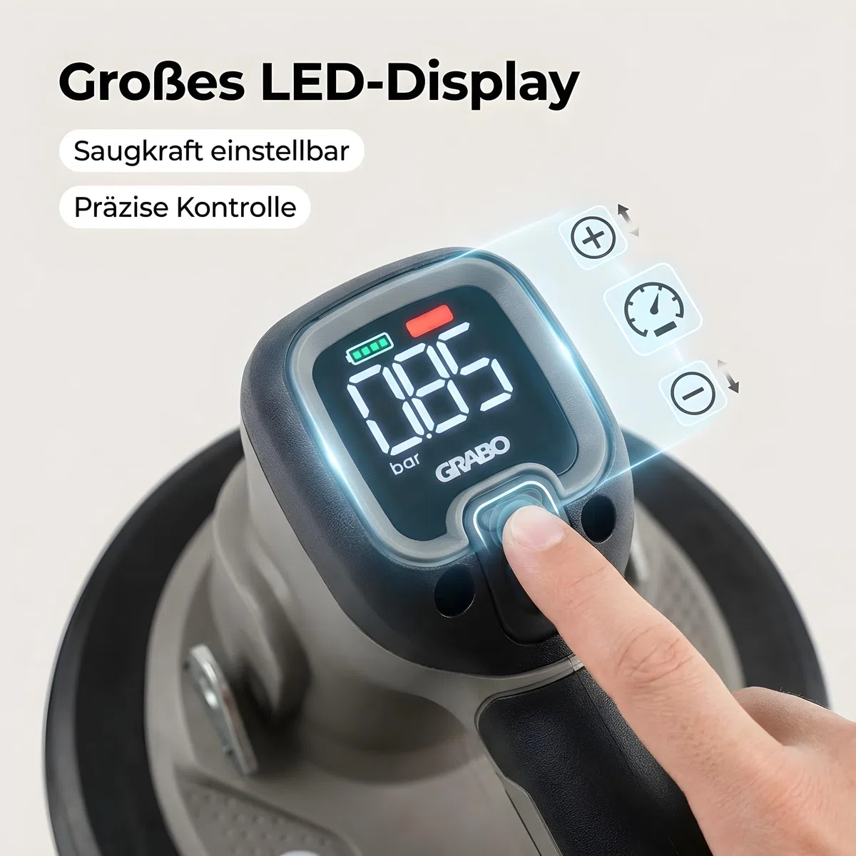 GRABO Brushless-Digitaler Akku Vakuum Saugheber 120kg [Marken Akkukompatibel] elektrischer Platten & Fliesenheber mit Auto-Nachsaugung, Digitales Display für Glas, Stein & Fliesen (OHNE AKKU) (GPB-BO)
