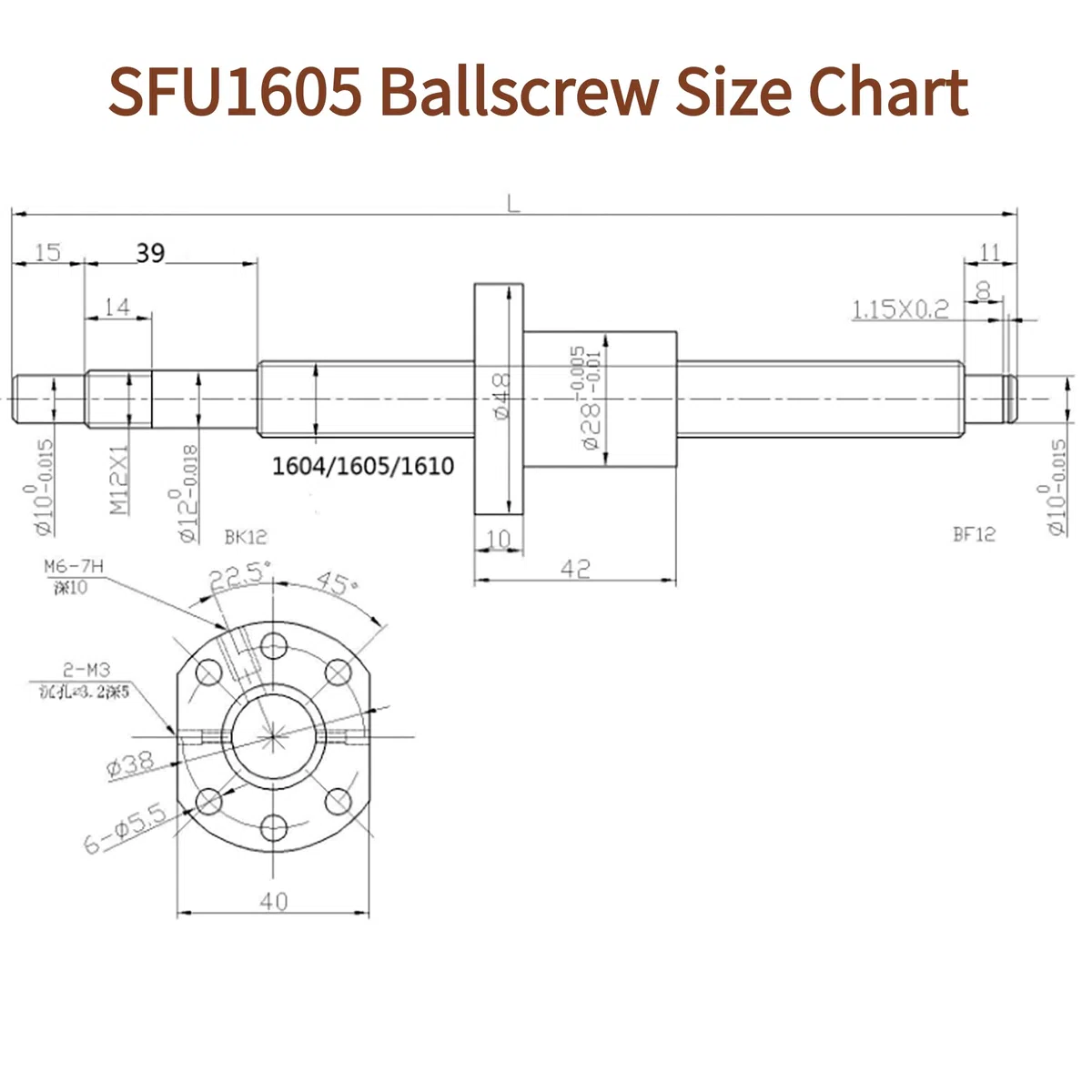 Kugelumlaufspindel SFU1605-1200mm, 1 Stück Kugelgewindespindel mit BK12/BF12 Endstütze, Muttergehäuse, Wellenkupplung, Ballschraube für CNC-Werkzeugmaschinen