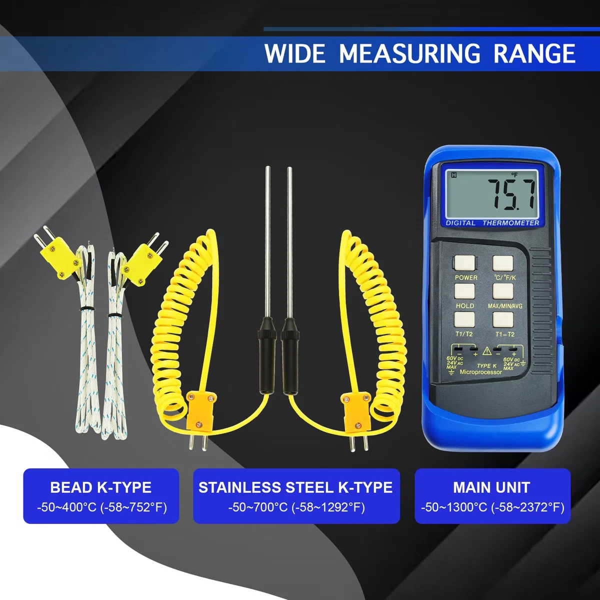 Digitalles Thermometer Dual-Kanal K-Typ Thermoelement Thermometer mit 4 Temperatursensoren - MAX/MIN/AVG & Differenzmessung für Öfen, Öfen, Schmelzöfen, geschmolzenes Metall