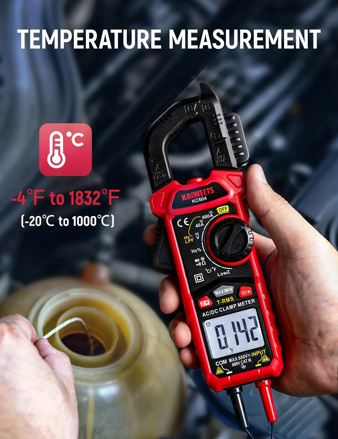 KAIWEETS Stromzange AC DC, Strommesszange True-RMS 4000 Zähl, Zangenamperemeter Taschenlampe Hintergrundbeleuchtung für die Messung AC/DC Spannung Strom Temperatur Kontinuität Diode NCV, KC604