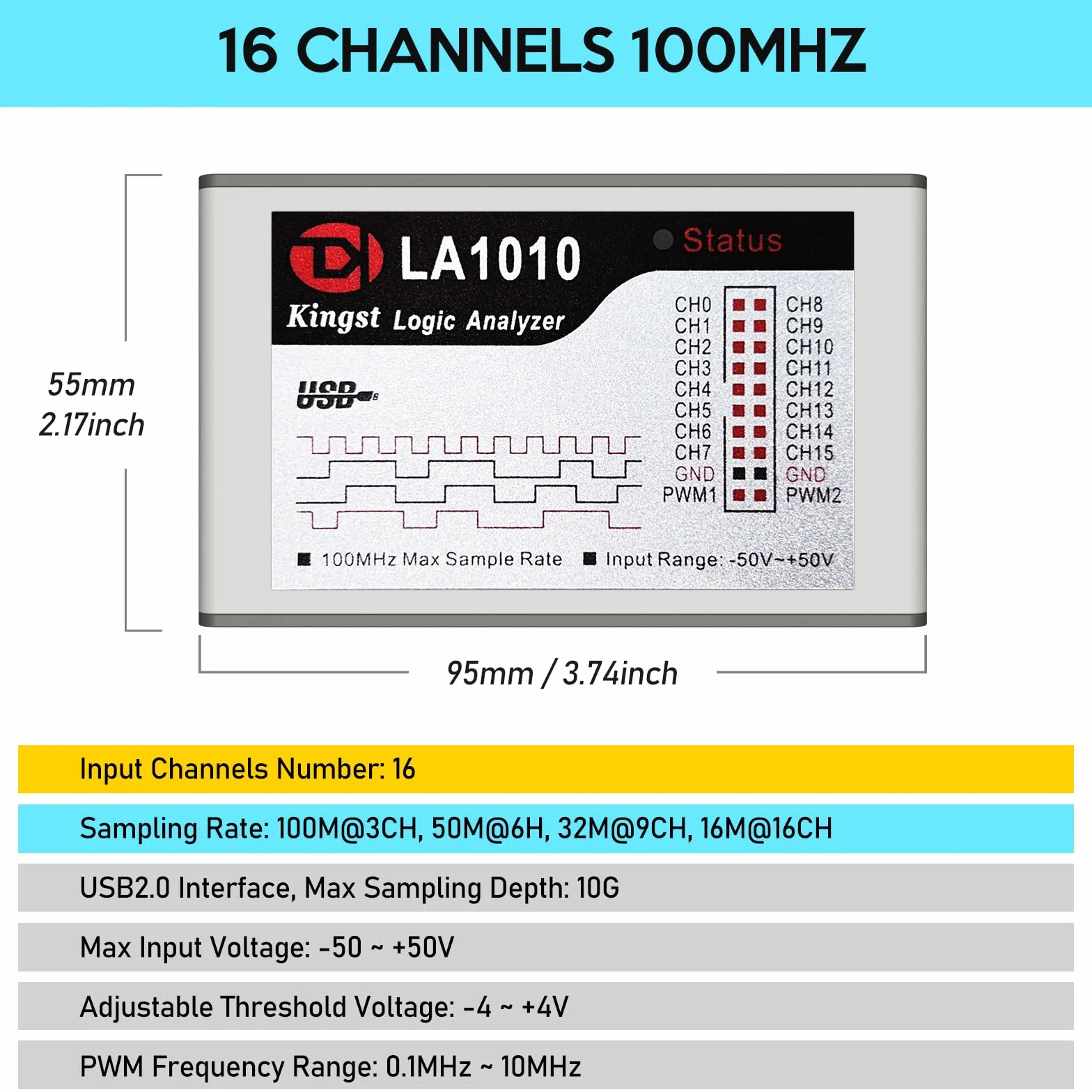 innomaker LA1010 USB Logikanalysator - 16-Kanal 100MHz, Tragbarer Logikanalysator mit PC-Software (Kompatibel mit Windows, Mac OS, Linux)