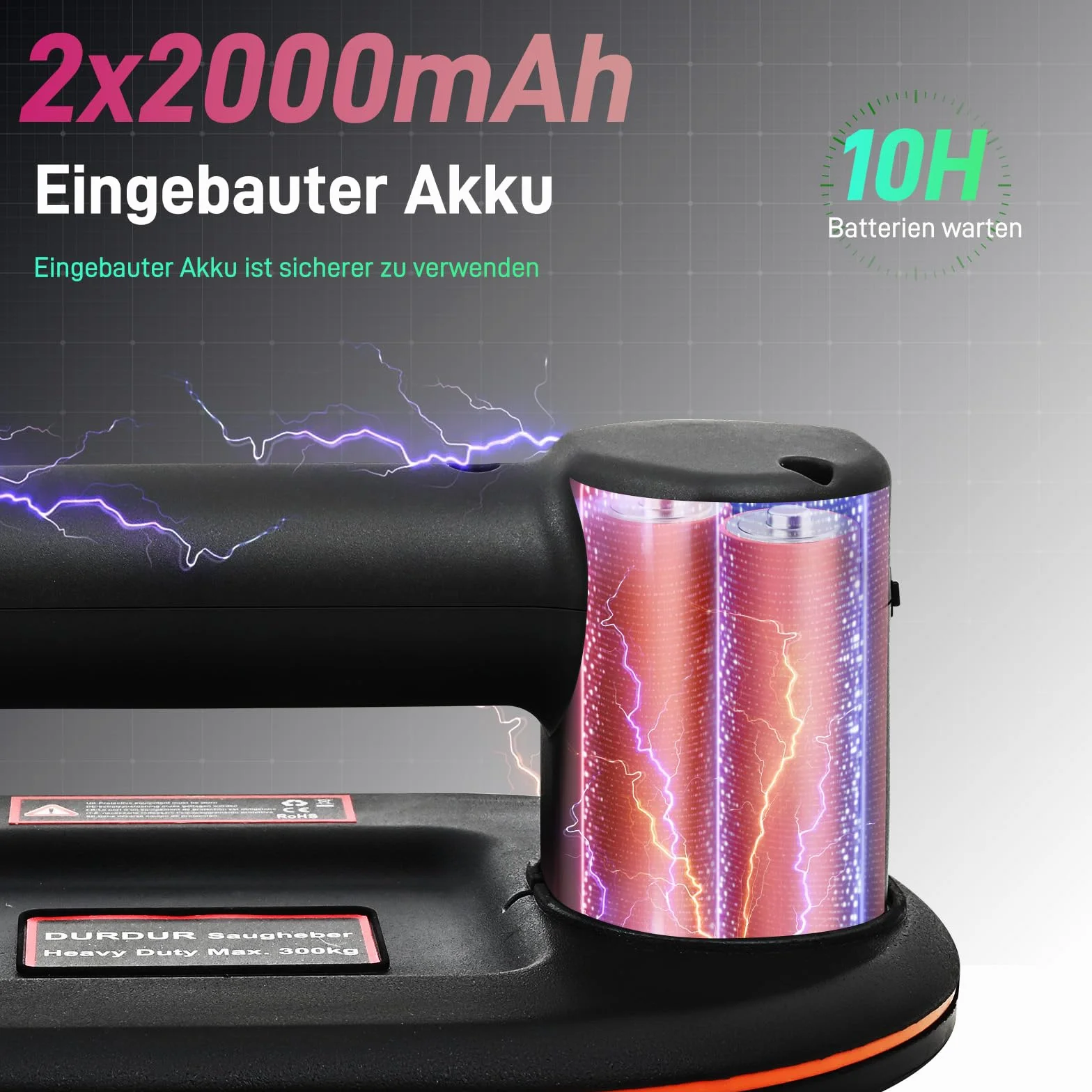 DURDUR 300KG Akku Vakuum Saugheber,9.4 Zoll Akku Saugheber für Fliesen,Glas, Marmor Elektrischer Saugheber Fliesenheber Mit Auto-Nachsauge-Funktion[2 Motoren 2 * 2000 mAh Akku]