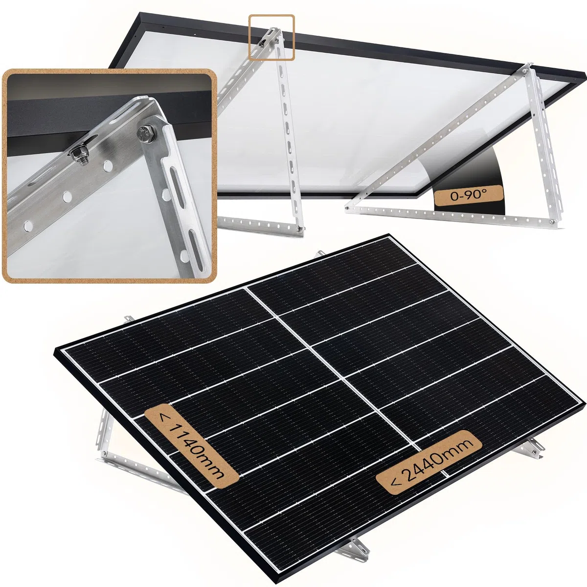 4x Solarmodul Halterung - 0% MwSt│ Halterung für Solarmodule bis zu 114.5 cm │ Robuste Solarpanel Halterung │ Einstellbarer Neigungswinkel 0° - 90° │ Flachdach, Balkonkraftwerk, Wand etc.