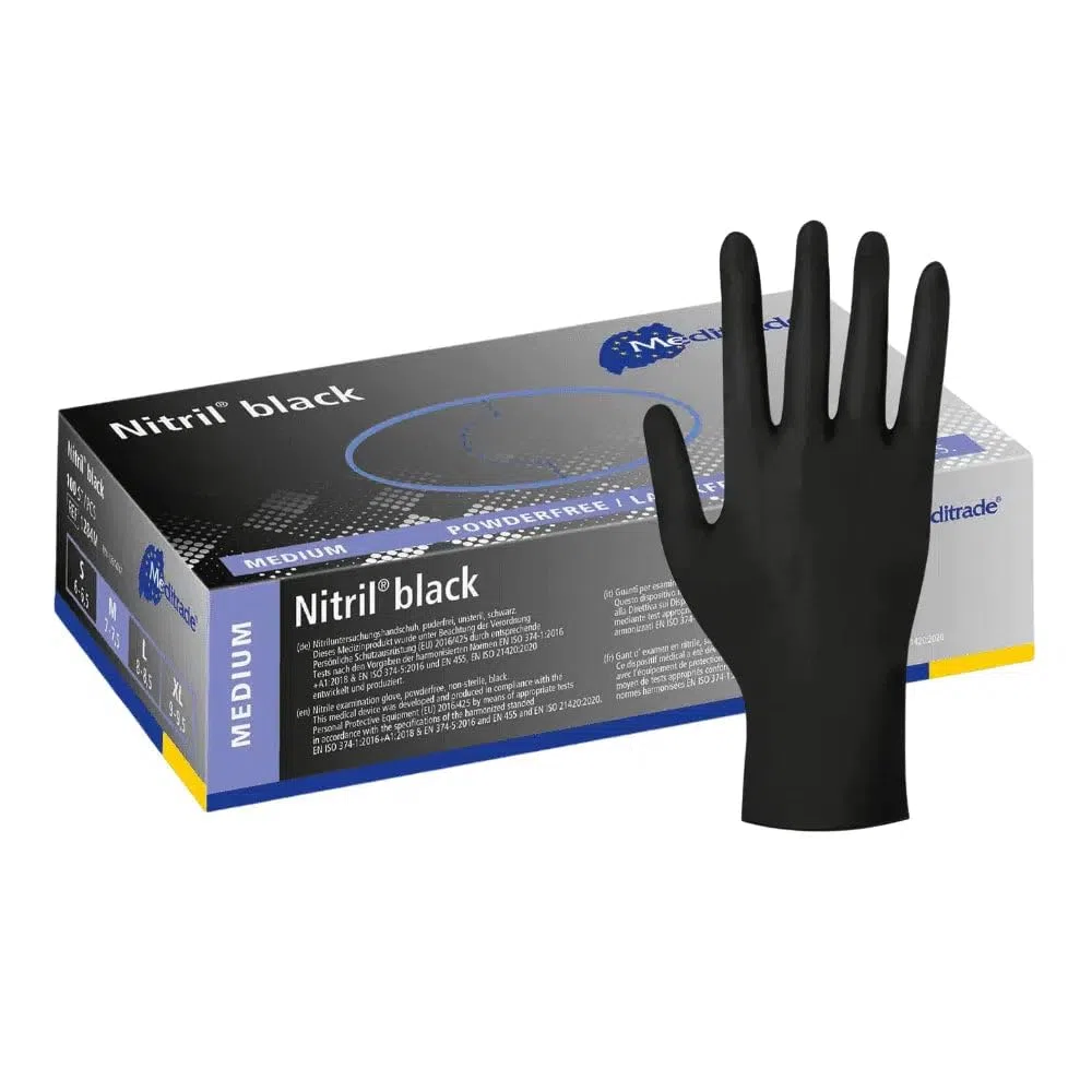 Nitrilhandschuhe 1000 Stück Box (Schwarz) Meditrade Einmalhandschuhe, Untersuchungshandschuhe, puderfrei, unsteril, latexfrei (M)