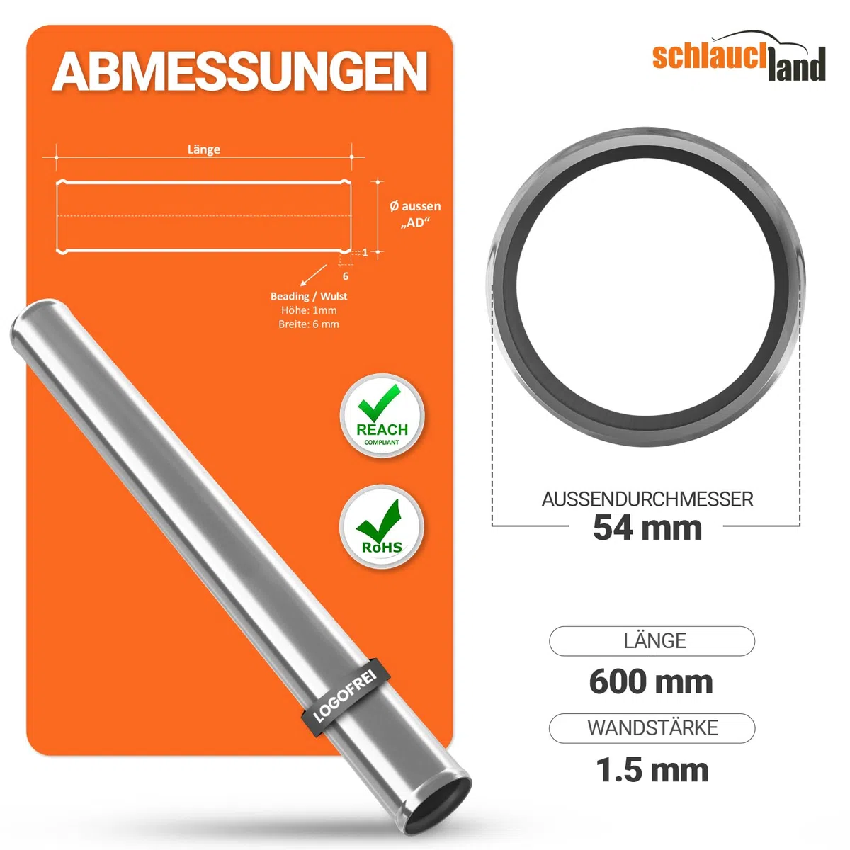 60cm Edelstahl-Rohr AD-Ø 54mm poliert & gebördelt V2A 1.4301 INOX rostfrei | AUSWAHL GRÖSSEN 13-200 mm | Edelstahl Rund-Rohr Motor KFZ LLK Turbo Kühler Heissluft Abgas Auspuff DIN EN 10217-7