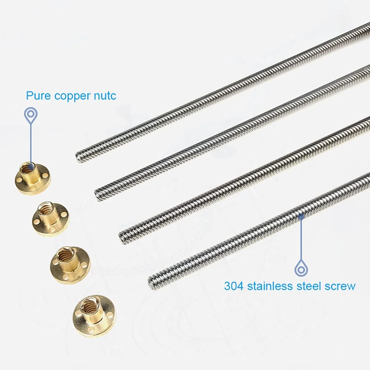 Trapezgewindespindel 2 Stück T6-Leitspindel und Messingmutter, 6 mm Gewinde, 1 mm Steigung, Länge 150/200/250/300/400 mm, Trapez-Leitspindel aus Edelstahl, für die Antriebsführungsschiene des Schritt