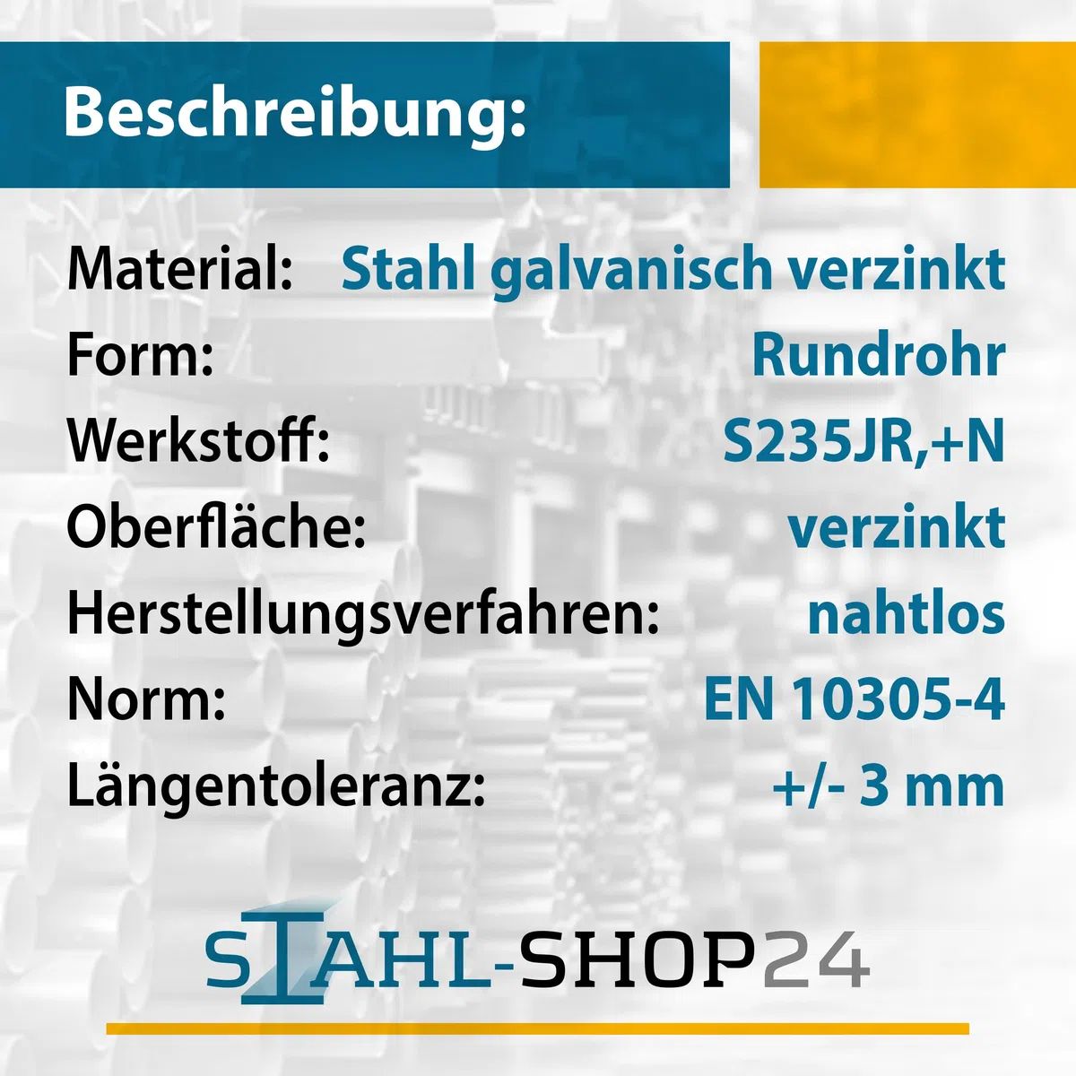 Stahl-Shop24 - Stahl Rundrohr verzinkt Hohlprofil geschweißtes Metall Stahlzinkrohr für Stahlbau, Rohr zum Heimwerken an Treppengeländern, Länge:2000 mm, Abmessung: Ø 48.3x3.2 mm