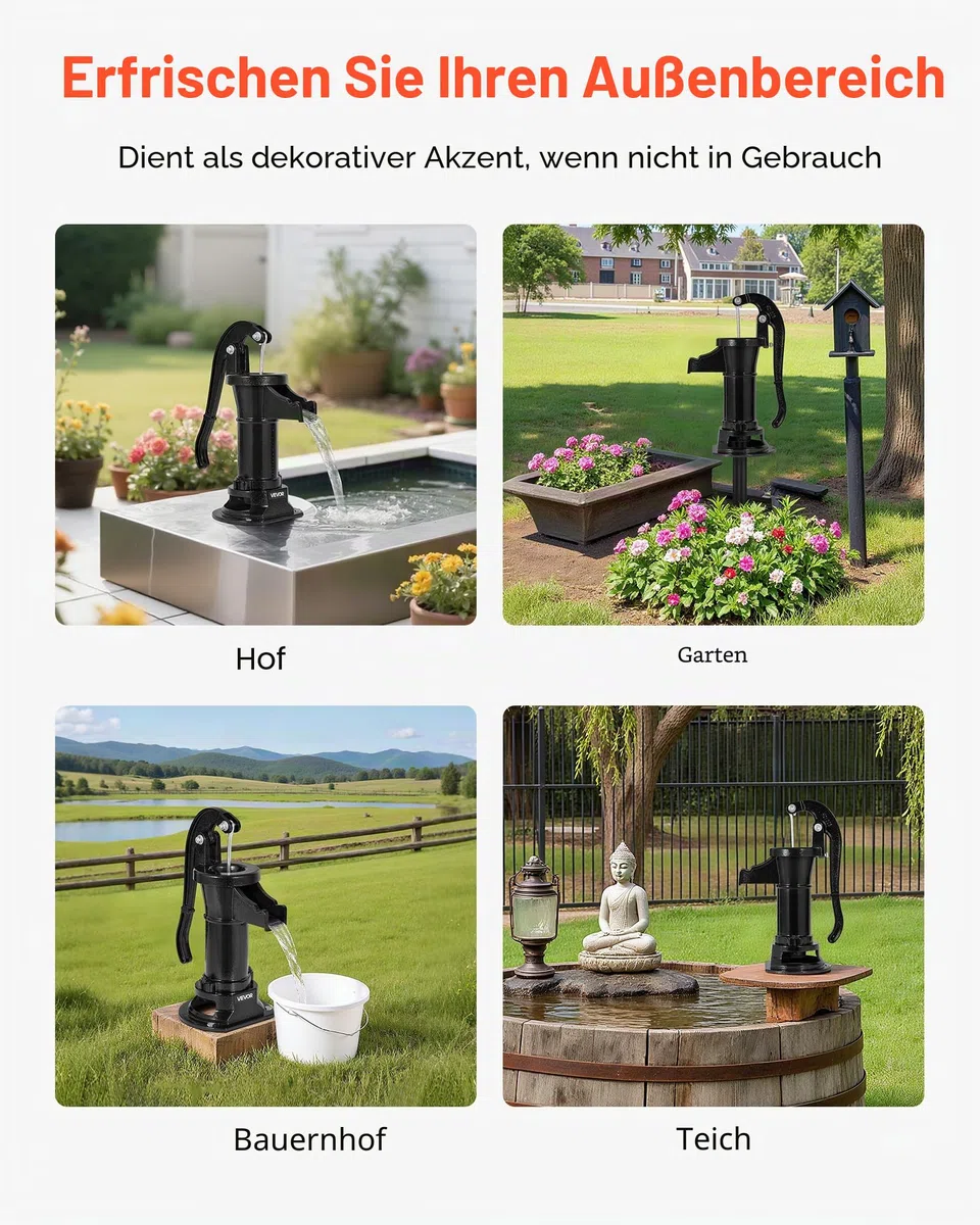 VEVOR Schwengelpumpe Antik Vintage, 7,6 m Förderhöhe, Nostalgiepumpe aus Gusseisen, Brunnenpumpe, Handpumpe, NPT 1-1/4 Zoll Anschluss, Gartenpumpe, für Garten, Teich, Hof, Bauernhof, Schwarz