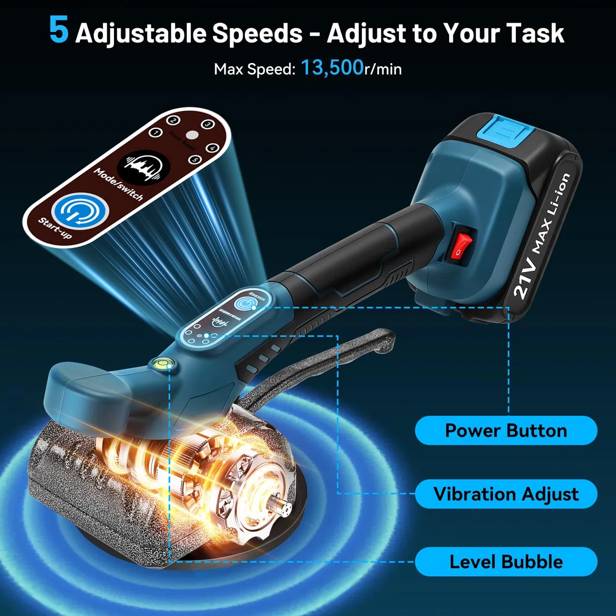 Yofuly Fliesenrüttler Kompatibel mit MMAKI-TA 21V Akku, Akku Fliesen Vibrationsgerät Fliesenvibrator mit 5 Gänge Einstellbare Geschwindigkeit für Bodenfliesen Wand (2 Batterien & Ladegerät)