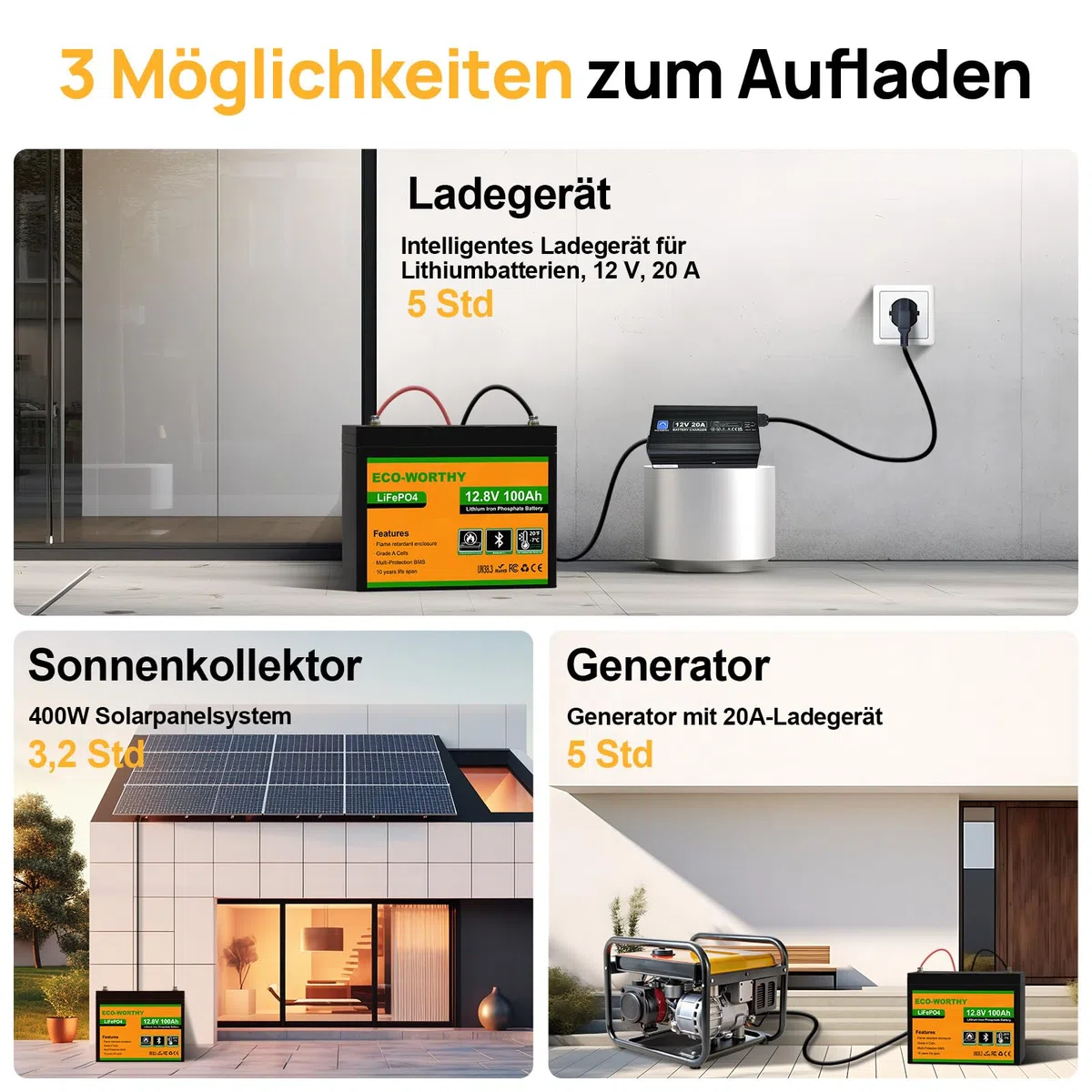 ECO-WORTHY LiFePO4 12V 100Ah Bluetooth mit 100A BMS Low Temperature Schutz und Max. 15000 Zyklens,1280Wh Lithium Batterie 12V 100Ah Autobatterie für Wohnmobil,Wohnwagen,Boot
