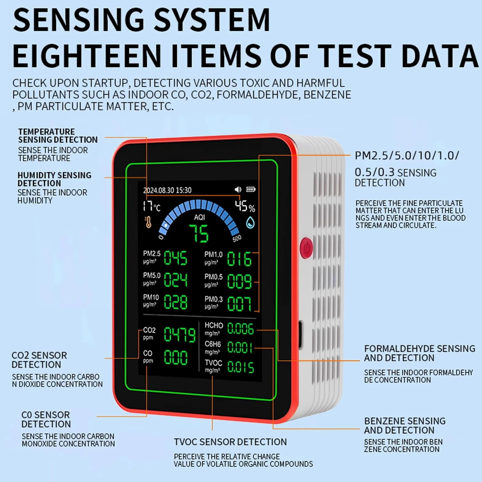 Luftqualität Messgerät Innenraum, 18-In-1 Luftqualitätsmessgerät Luftqualitätsmonitor Für CO2 TVOC HCHO PM2.5 PM10, CO2 Messgerät Formaldehyd Messgerät FeinstaubmessgeräT FüR Zuhause, BüRo,Auto