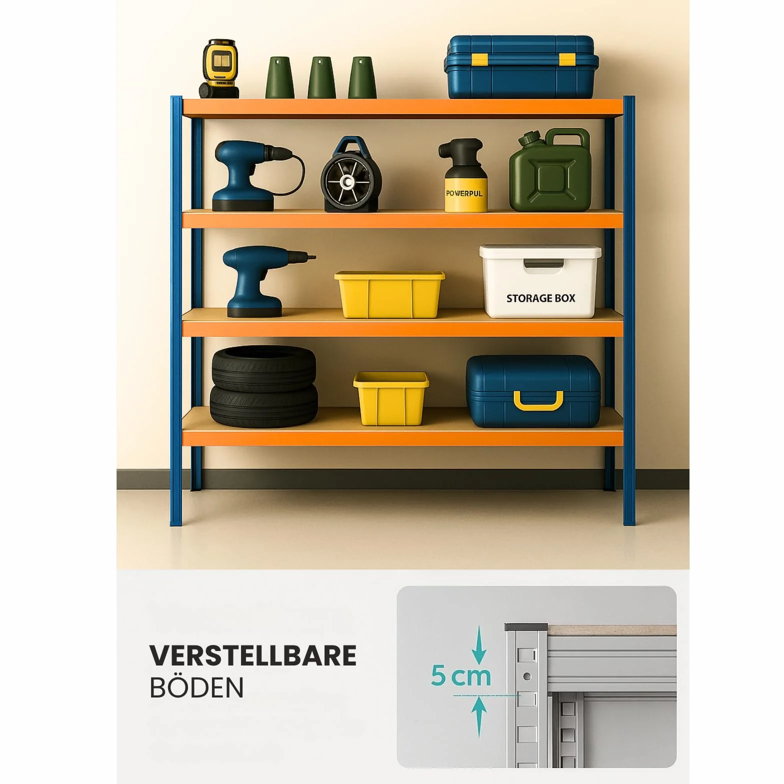 etm Weitspannregal 200 x 180 x 60 cm - mit Traglast bis zu 1500 kg, verwendbar als Schwerlastregal,Lagerregal,Kellerregal,Steckregal, Blau-Orange