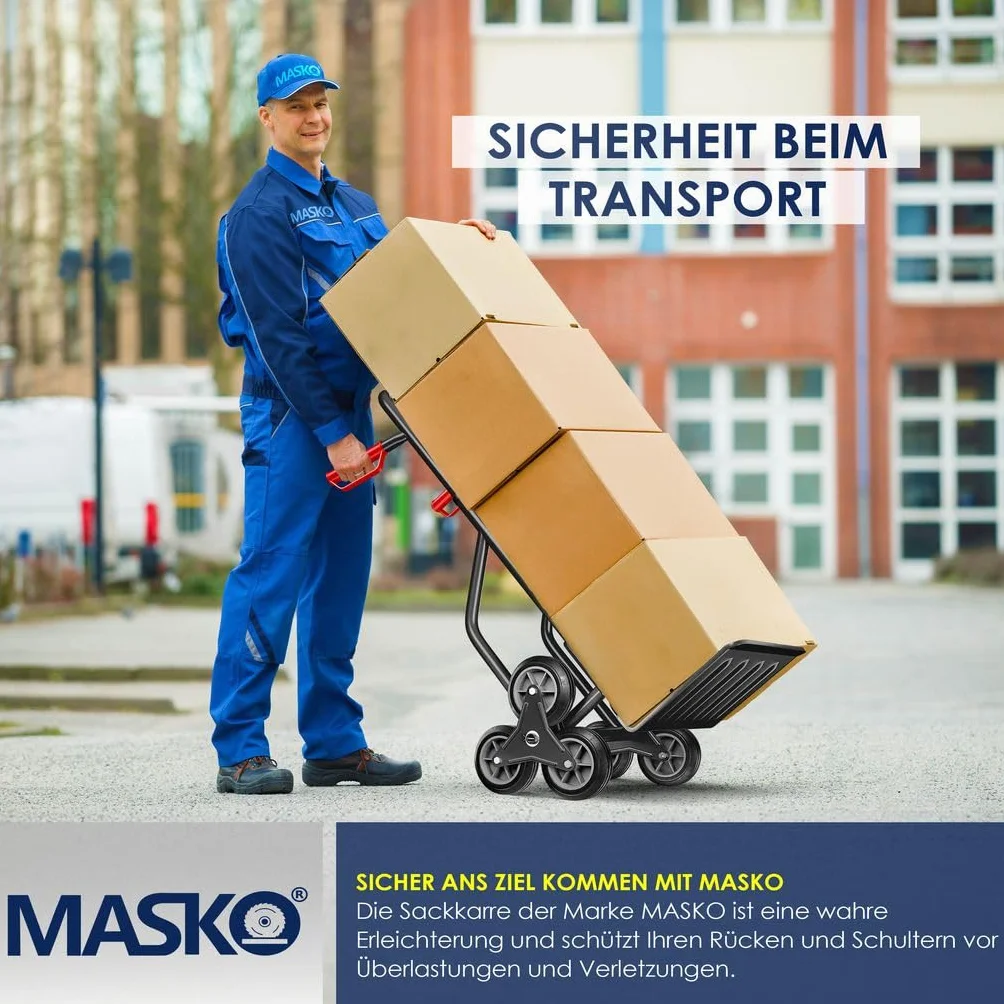 MASKO® Treppenkarre Sackkarre 200kg Transportkarre Treppensteiger Stapelkarre,klappbar Treppensackkarre Hartgummireifen| Kunststoff Griffe | Stahl Rahmen | 3-Fach Sternräder |Inkl. Handschuhe,Schwarz