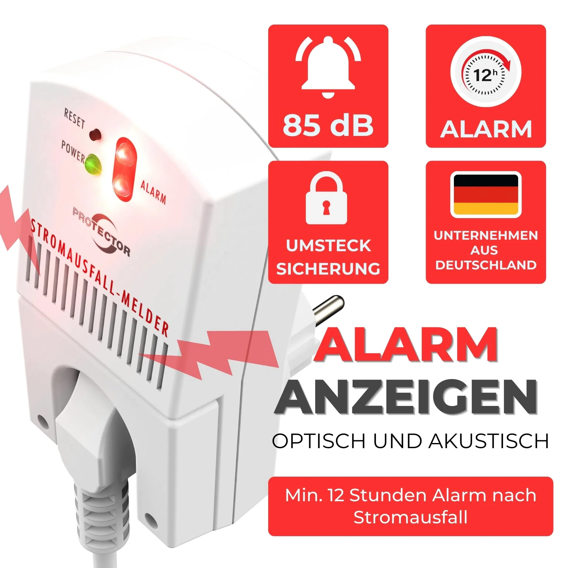 Protector SAM 1000 Stromausfall-Melder | 3500 Watt | Notstrom-gepuffert | 12 Stunden | Stromausfall-Alarm | Kühlschrankalarm