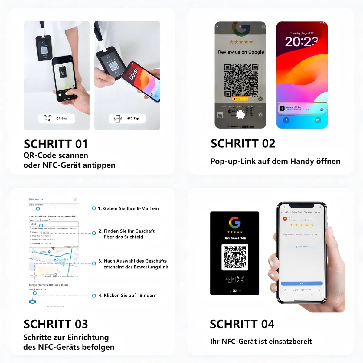 HotLabel – Google Bewertungskarte 5er-Set – Weiß – NFC & QR-Code – 5 unabhängige Bewertungslinks (für 1–5 Geschäfte) – Kompatibel mit allen Smartphones – Keine App, kein Abo