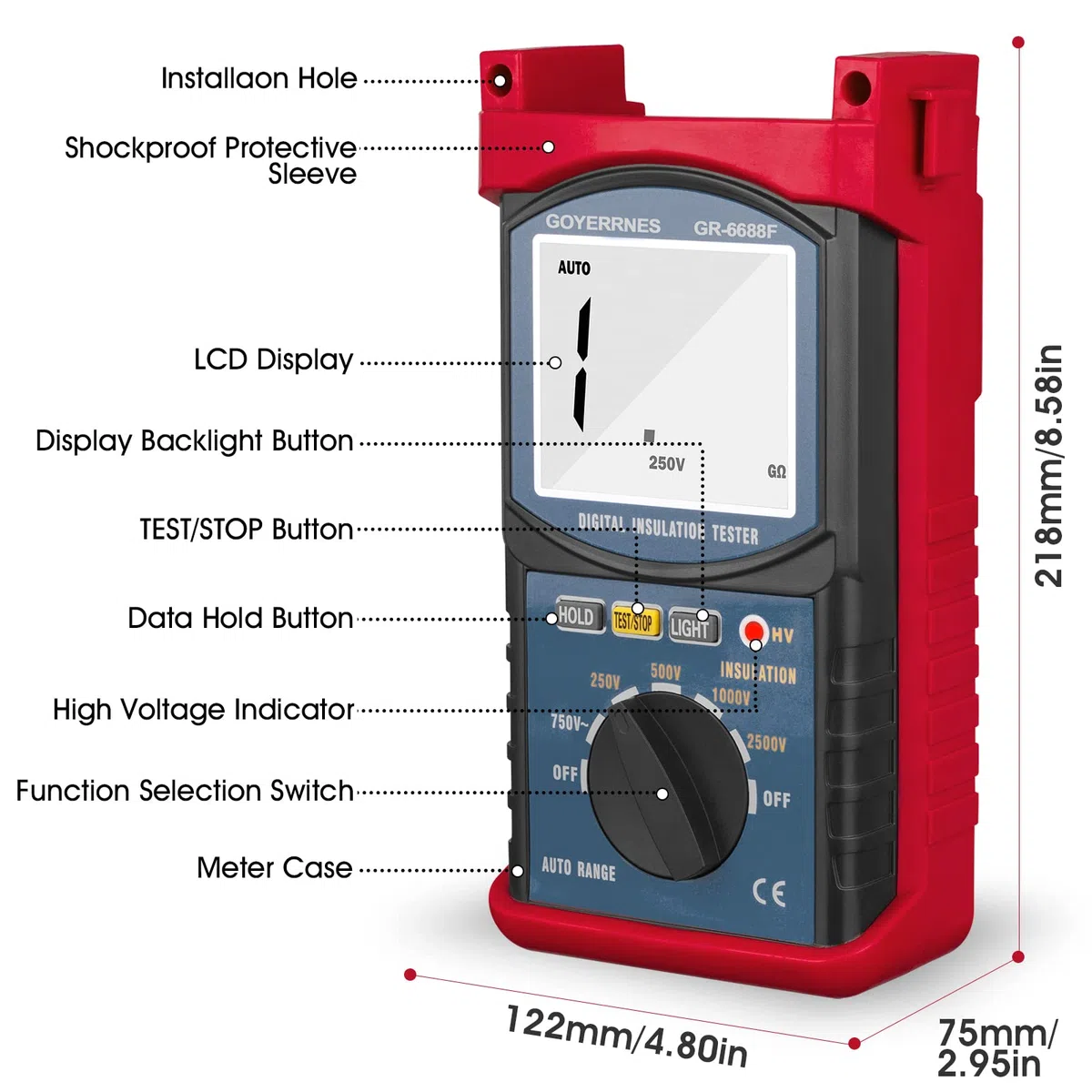 Digital Megohmmeter,GR-6688F Tragbares Megohmmeter,20G Ohm Digitale Isolationswiderstand mit Reichweite 250V/500V/1000V/2500V,Datenhaltung und Hintergrundbeleuchtung,Prüfung für Kabel Motoren