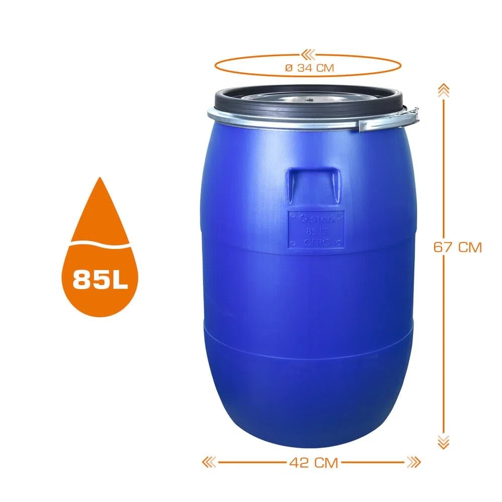 HEMMDAL Spannringfass 85 Liter | Lebensmittelecht | BPA-freier Kunststoff | Stapelbar | 2 Tragegriffe | 340 mm Öffnung | Made in Europe | Mit Deckel | Rund | Blau