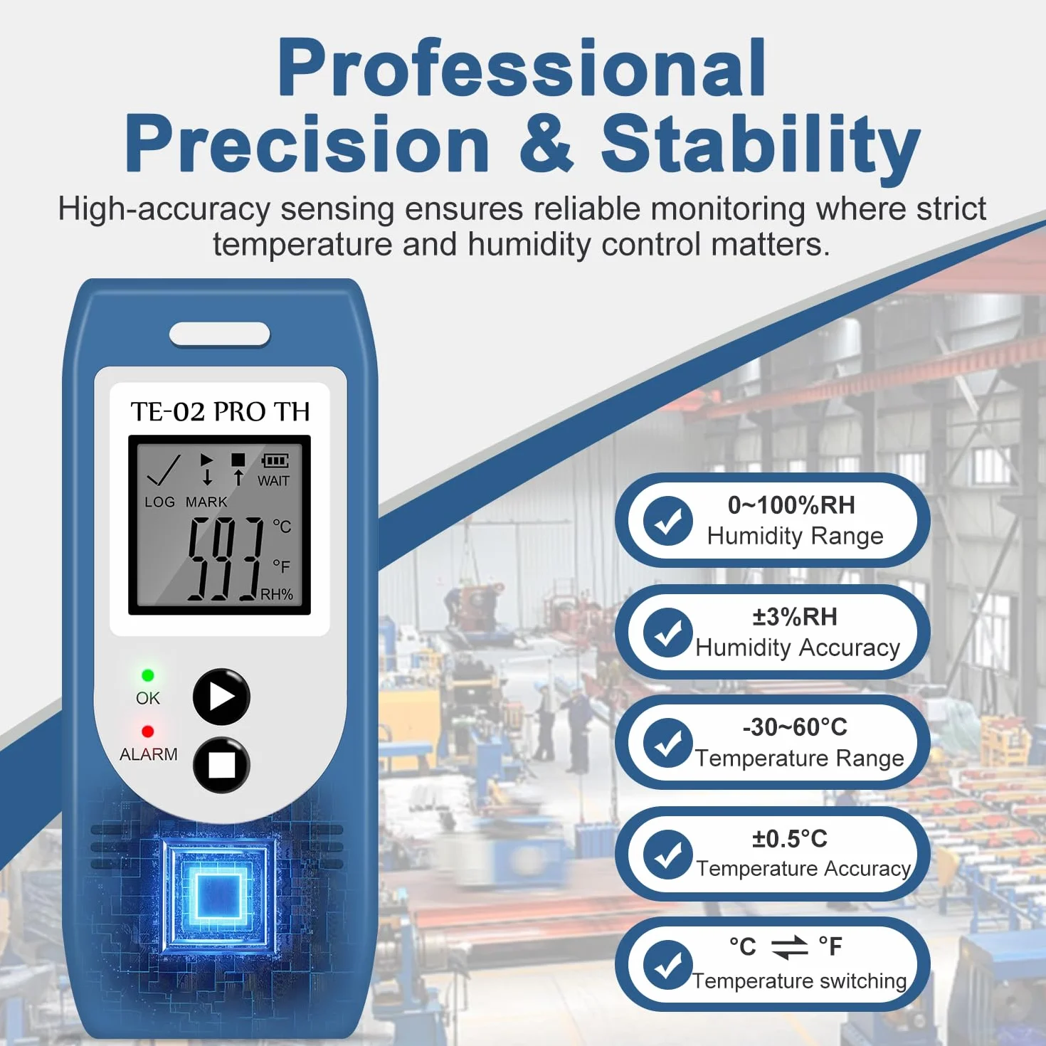 ThermElc TE-02 Pro TH USB Temperatur Luftfeuchtigkeits Datenlogger – Hochpräziser Temperaturleistungsmonitor, Auto PDF/CSV-Berichterstellung, 32.000 Speicherpunkte, CFR Part 21-konform Mit Alarm