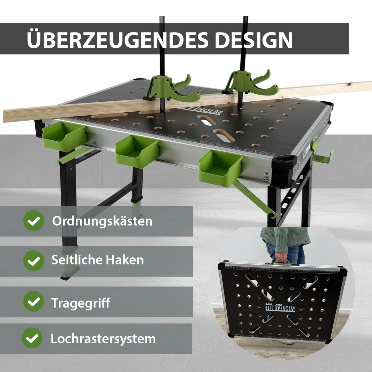 TRUTZHOLM Werkbank Multifunktionstisch Spanntisch 60 x 85 cm klappbar höhenverstellbar 73–90 cm Arbeitstisch mit Messskala, 450 Kg, 20mm Lochrastersystem, Werkzeugboxen, Schnellspannern