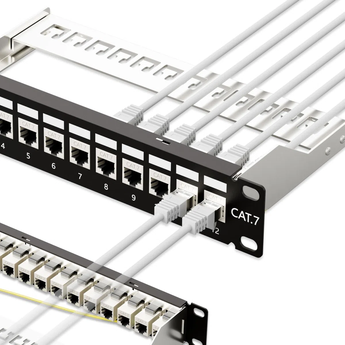 iwillink 12 Anschlüsse RJ45 Durchgangskupplung Cat7 Patch Panel STP geschirmt mit Back Bar, Wand oder Rackmount, kompatibel mit Cat5, Cat5e, Cat6, Cat6A, Cat7 Verkabelung