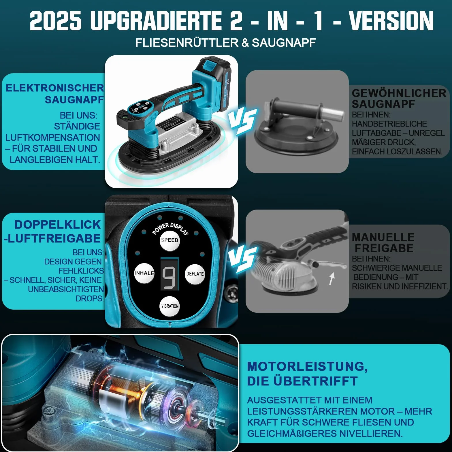 2 IN 1 Akku Fliesenrüttler & Saugnäpfen Kompatibel mit Makita 18V Akku, Fliesenvibrator mit 22.5x12 Saugnapf | 250KG Adsorption | 9 Gang Einstellbaren für 0.3-1.8m Fliesen Wandfliesen (Ohne Batterie)