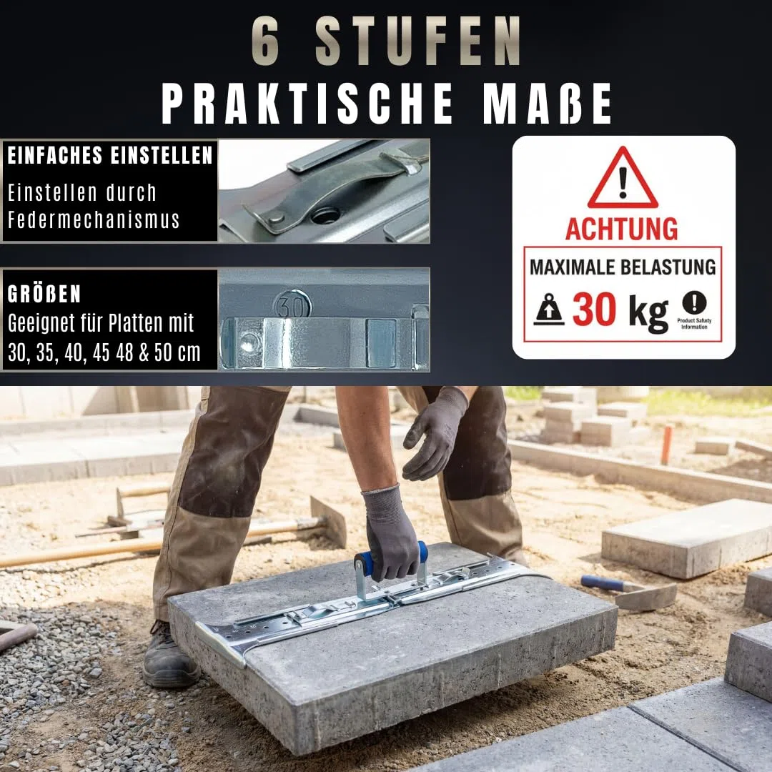 PANGOLINO Plattenheber verstellbar 30–50 cm | 6-stufig | Verlegewerkzeug bis 30 kg | Für Terrassenplatten, Betonplatten, Gehwegplatten, Fliesen & Naturstein | Ergonomischer Griff