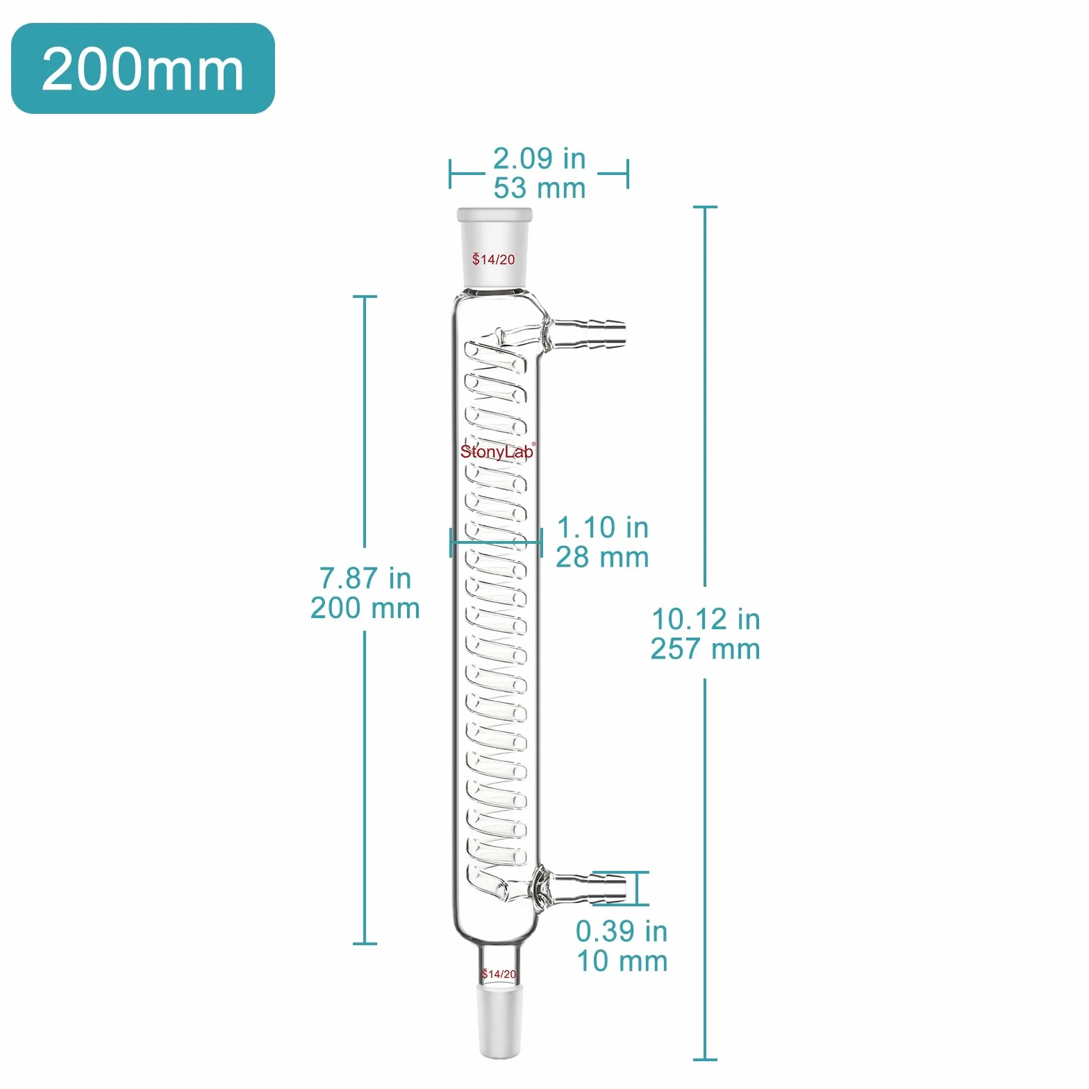 stonylab Graham-Kühler, 200 mm Kleiner Kühlweg, 14/20 Schliff, Laborglas für präzise Mikroskala-Kondensations- und Rückflussprozesse