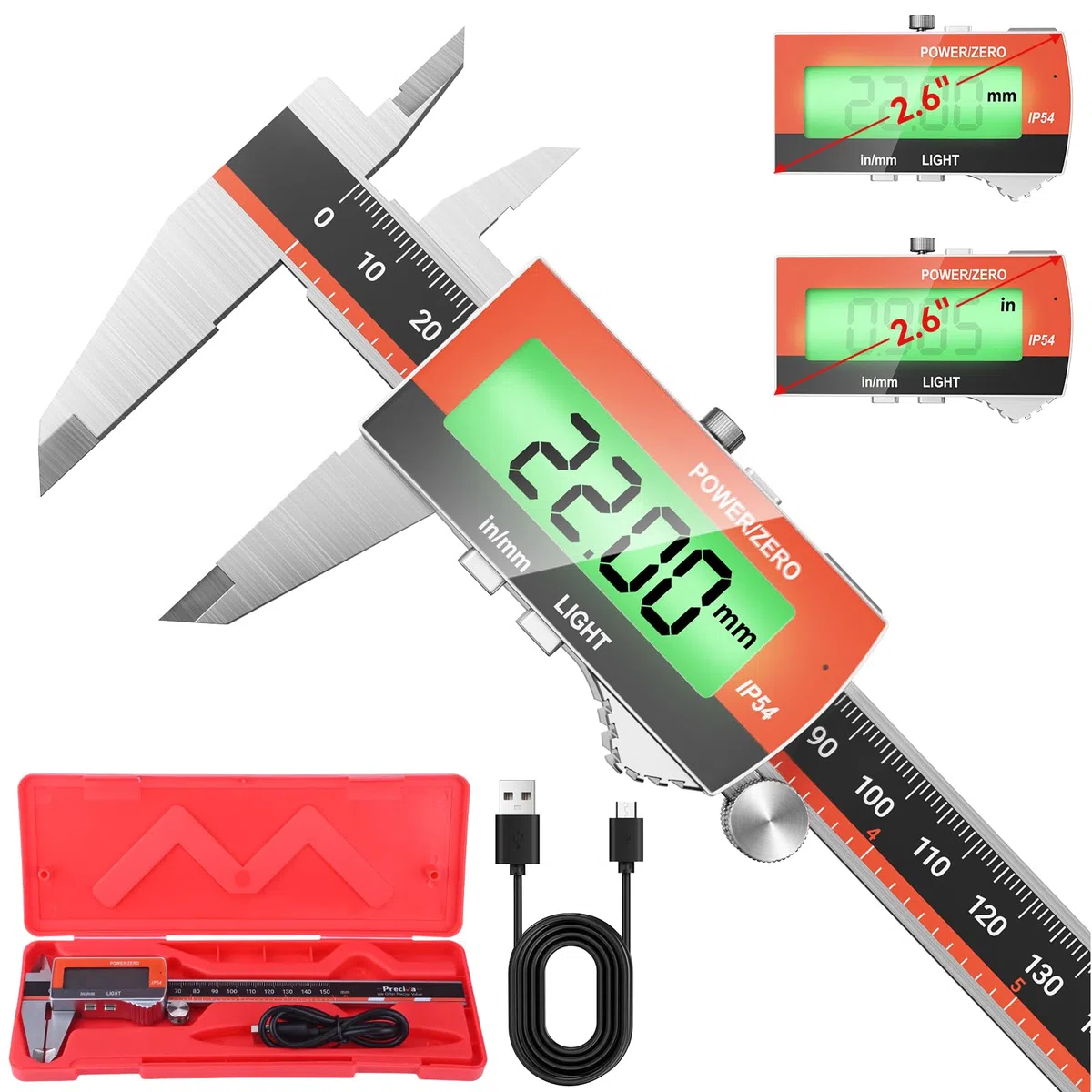 Preciva Digitaler Messschieber (wiederaufladbar), 150 mm Schieblehre Digital Edelstahl, elektronischer Messschieber, LCD-Display, für Industrie-, Elektro-, Bastler- und Automobilanwendungen