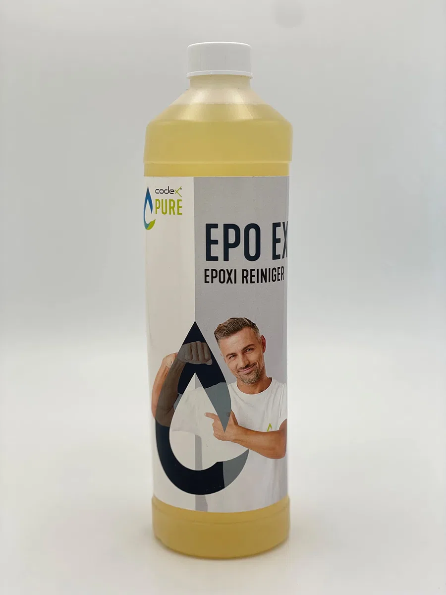 Codex PURE EPO EX Epoxidharz-Spezialreiniger 1 L – entfernt Epoxidharz-Schleier, PU-Klebereste & Rückstände – Reiniger für Fliesen, Feinsteinzeug & Naturstein – Profiqualität zur Bauendreinigung