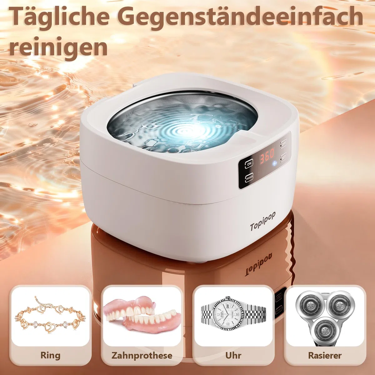 Topipop Ultraschallreinigungsgerät, 48000Hz Ultraschallreiniger, 750 ml brillenreinigungsgerät, professionelles Ultrasonic Cleaner zum Reinigen von Brillen, Uhren, Ringen, Rasierklingen (White)