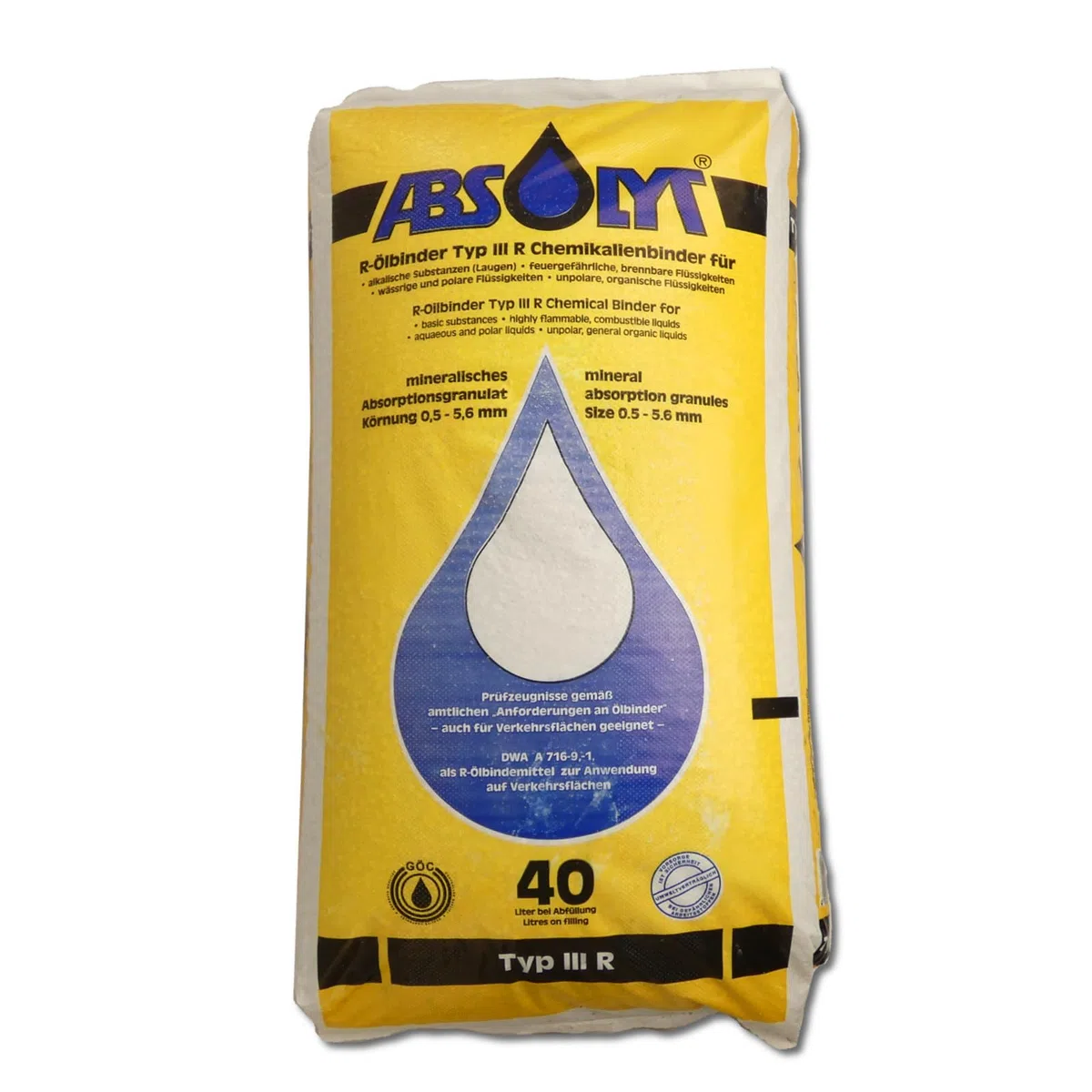 ABSOLYT 40 Liter pflanzenverträglicher Ölbinder Typ III R - Chemikalienbinder - Ölbindemittel mit sehr hohem Aufsaugvermögen | Mineralisches Ölbindemittel für Verkehrsflächen, Werkstatt, Industrie, Feuerwehr und Leckagen auf festen Untergründen