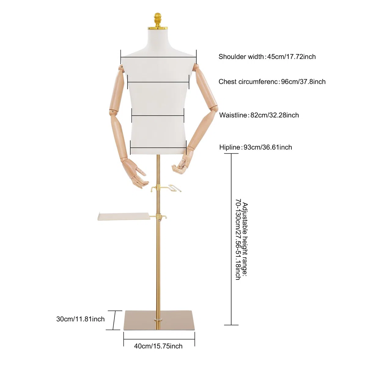 Schaufensterpuppe Männliche Verstellbare Höhe 70-130cm Mannequin Herren mit Holz Armen + Hosenständer + Schuhständer Kleiderform Verstellbarem Torso & Pose Kleiderpuppe für Boutiquen, Geschäfte