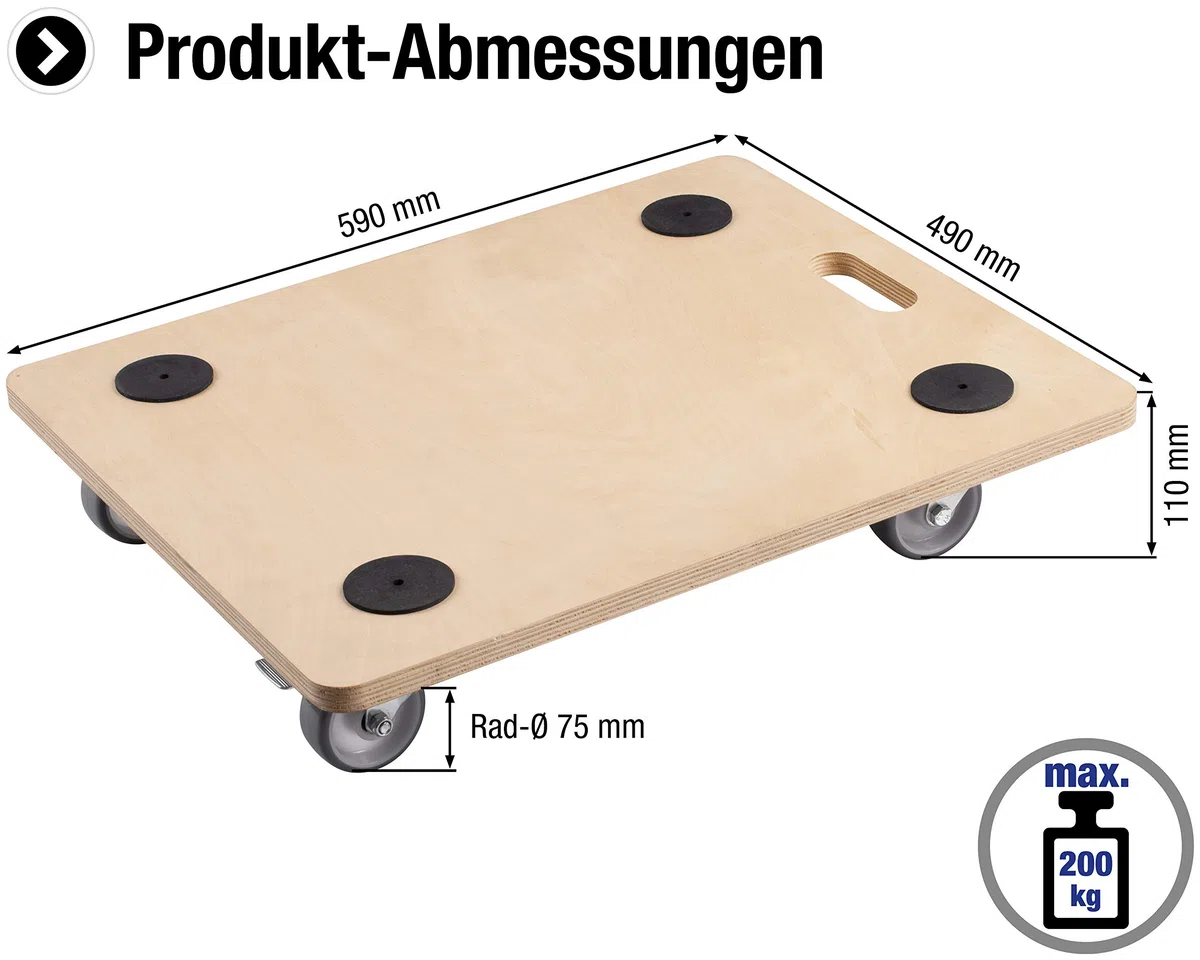 Metafranc Transportroller 590 x 490 mm - 200 kg Tragkraft - Sperrholz - PU-Räder / Möbelroller mit Bremse / Transporthilfe für Umzug / Rollwagen für Möbel-Transport / Kistenroller aus Holz / 822130