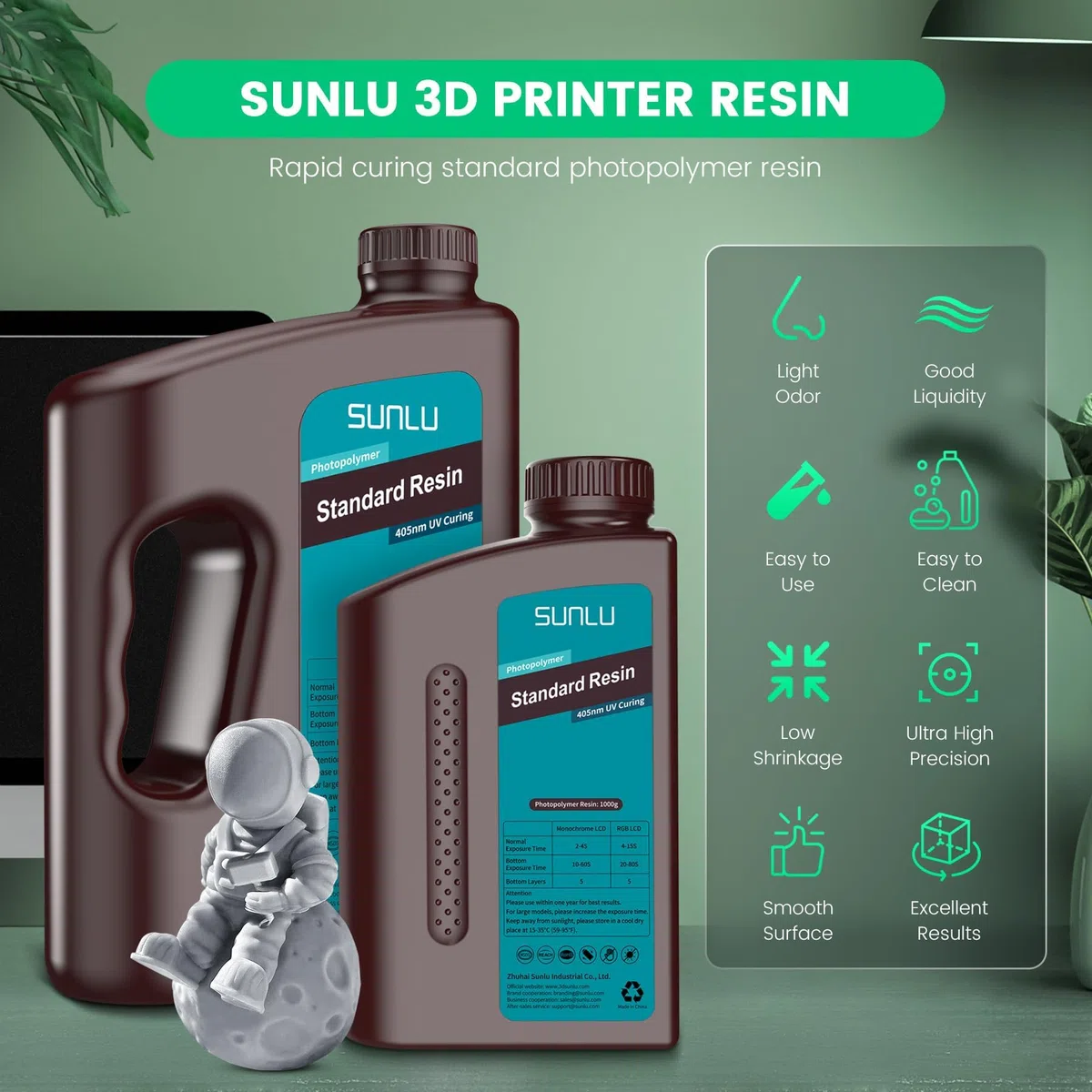 SUNLU 3KG Standardharz für 3D-Drucker, Schnellhärtendes Photopolymerharz für LCD/DLP/SLA-Drucker,3D-Druckerharz 395-405nm UV, geringe Schrumpfung und hohe Präzision, Grau 3000G