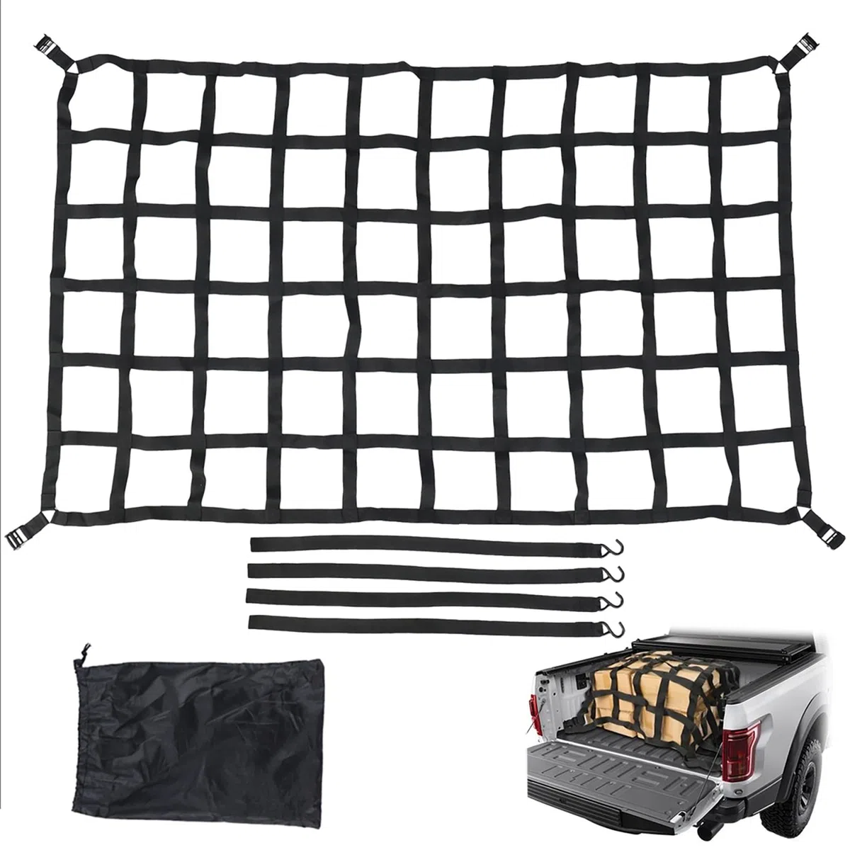 Ladungssicherungsnetz,Cargo Net,Luggage Net for Trailers,Ca. 127x106cm,Rissfest,4 Gurte,Geeignet Für Lkws,Anhänger,Pickup-Trucks,Suvs Usw.,Schwarz
