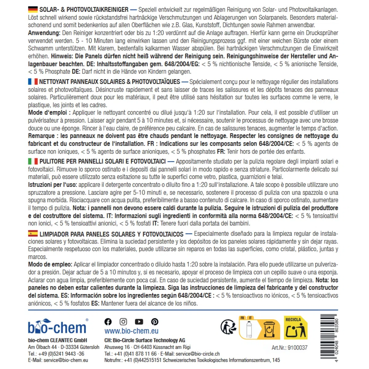 bio-chem Solarreiniger PV Photovoltaik Konzentrat 3x 1L | Bis 1:20 verdünnbar | für Solar- und Photovoltaikflächen, tiefenwirksam und materialschonend