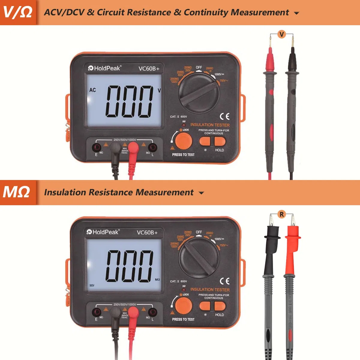 Isolationsmesser Isolationsmessgerät Digitaler Isolationswiderstandstester, Isolationsmesser 1999 Counts LCD Display 250/500/1000V Spannung, MegOhmmeter AC/DC Voltmeter, Isolationswiderstand 2000MΩ