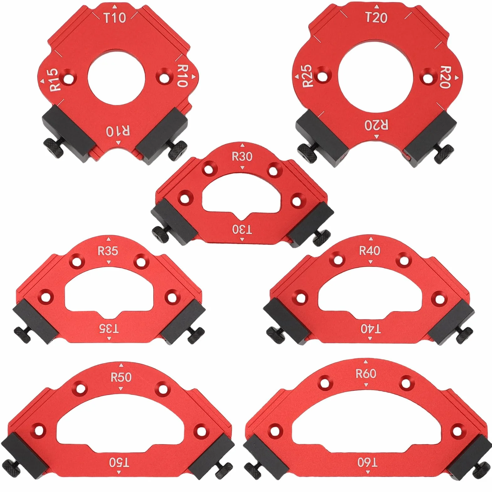 Frässchablone Oberfräse, 7 Stück Router Jig Radius Schablone für Holzbearbeitung R10 R15 R20 R25 R30 R35 R40 R50 R60 T10 T20 T30 T35 T40 T50 T60 Aluminiumlegierung Eckradius-Schablone