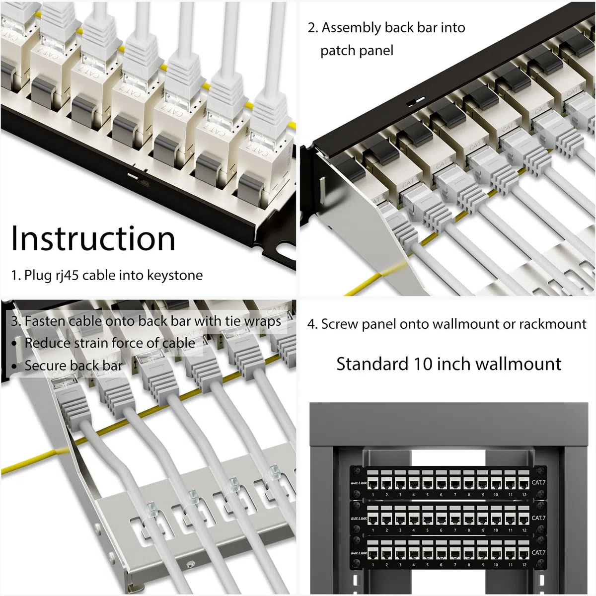 iwillink 12 Anschlüsse RJ45 Durchgangskupplung Cat7 Patch Panel STP geschirmt mit Back Bar, Wand oder Rackmount, kompatibel mit Cat5, Cat5e, Cat6, Cat6A, Cat7 Verkabelung