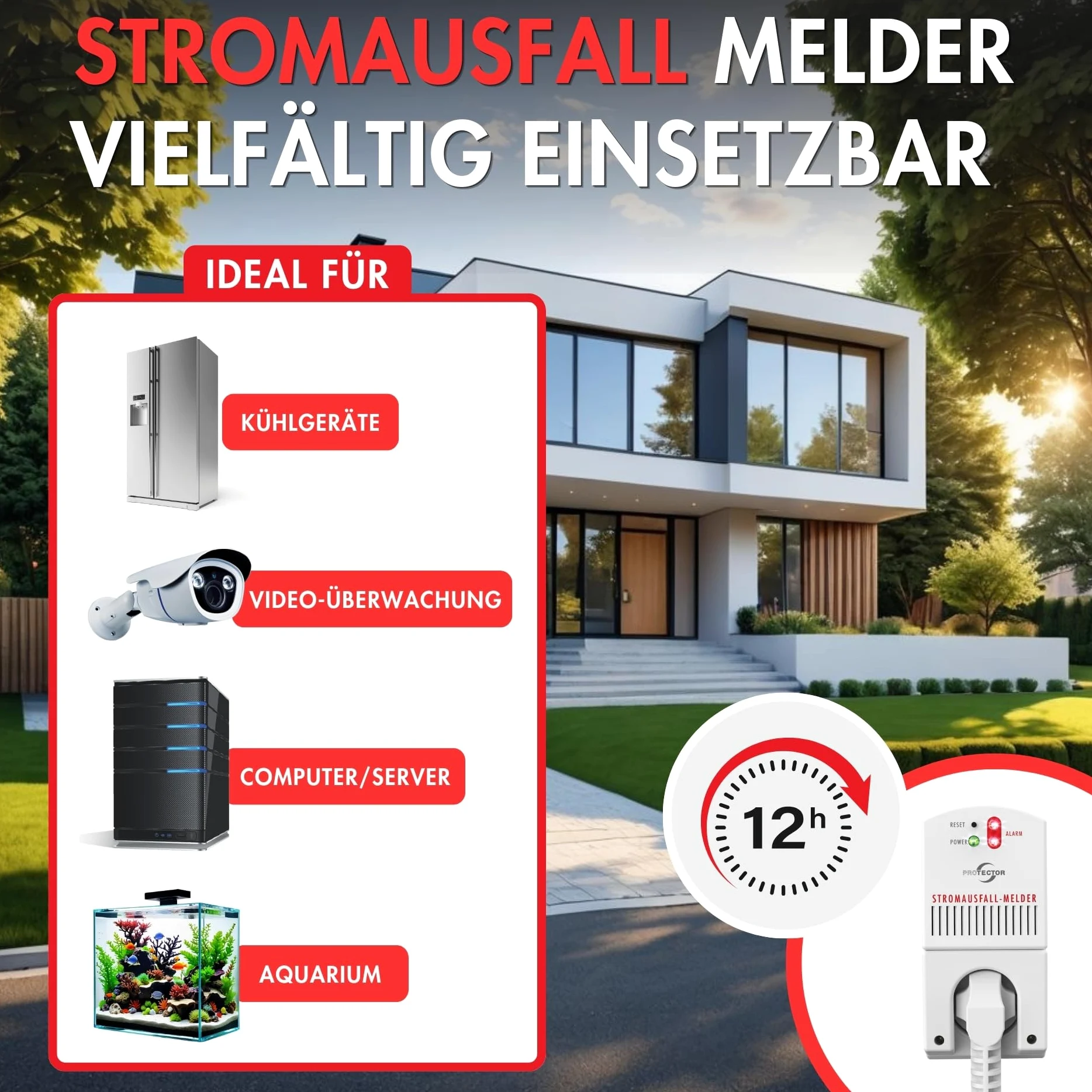 Protector SAM 1000 Stromausfall-Melder | 3500 Watt | Notstrom-gepuffert | 12 Stunden | Stromausfall-Alarm | Kühlschrankalarm