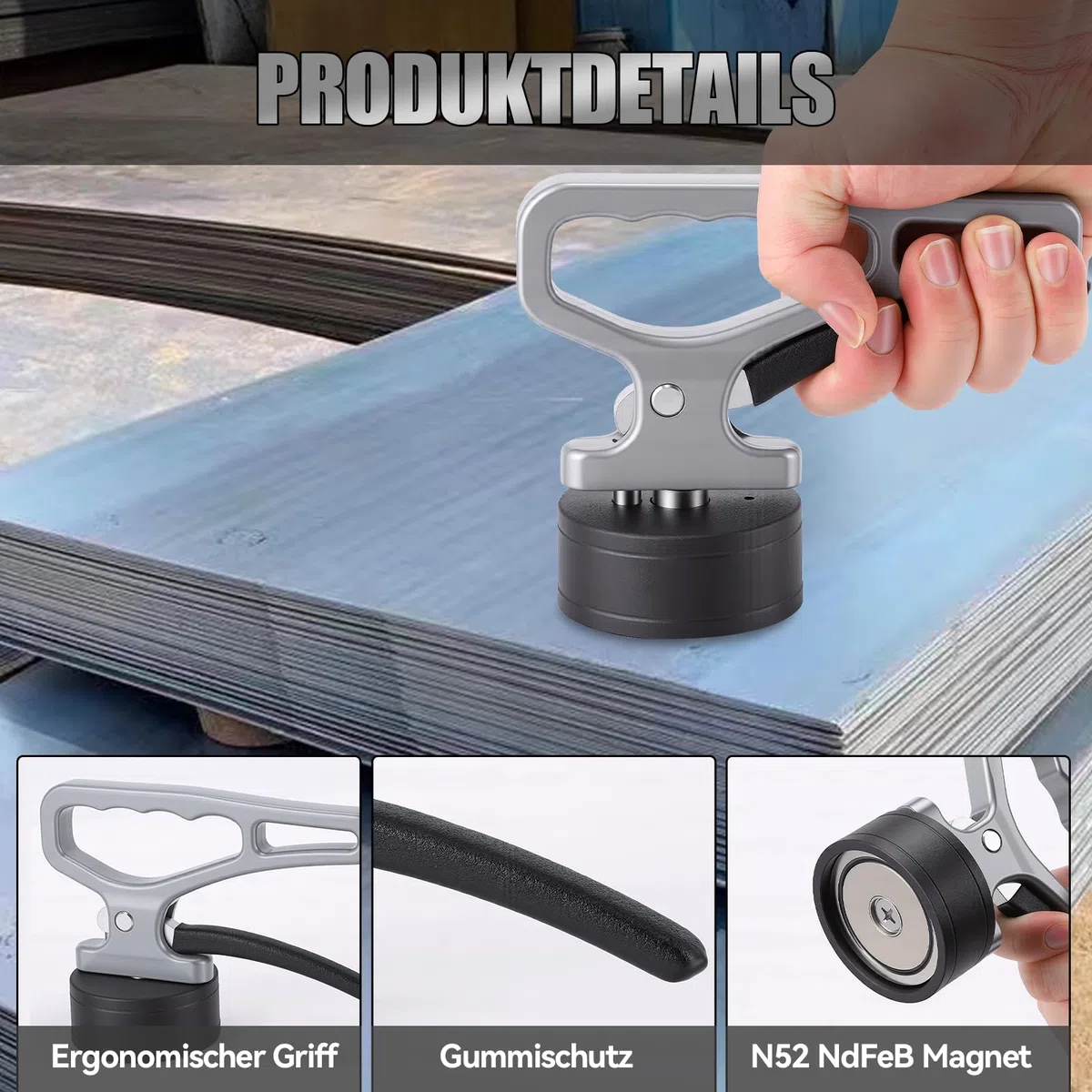 Starker Manueller Magnetischer Hebegriff, Tragbarer Leistungsstarker Neodym-Magnet mit Schnelllösegriff, Hand Magnetheber zum Bewegen und heben Von Schwermetallobjekten (50KG)