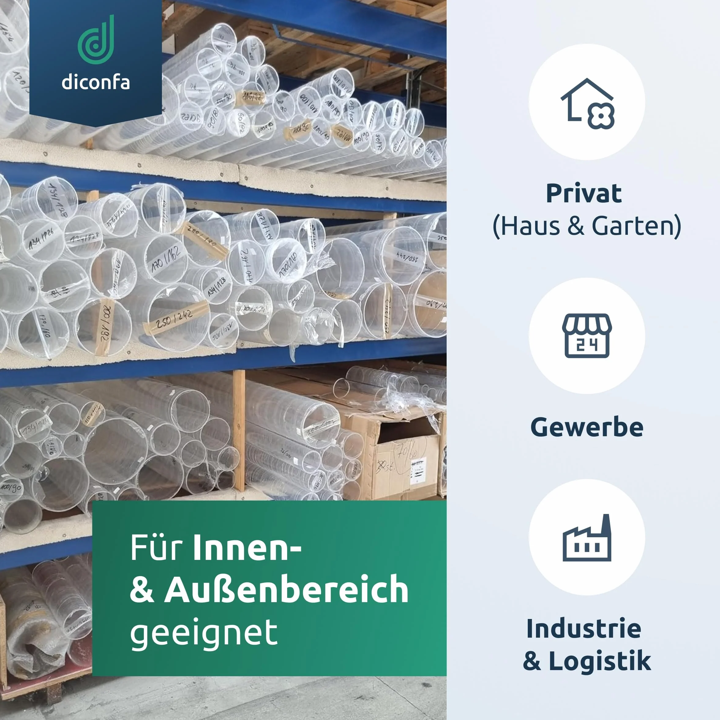 diconfa Acrylglas Kunststoff-Rohr glasklar Ø 5 bis 500mm LÄNGE: 0,1 bis 2m EINGEBEN - AUSWAHL: Durchmesser 64/58mm x 701 bis 800mm Farblos transparent Dekoration Messebau Beleuchtung Möbel